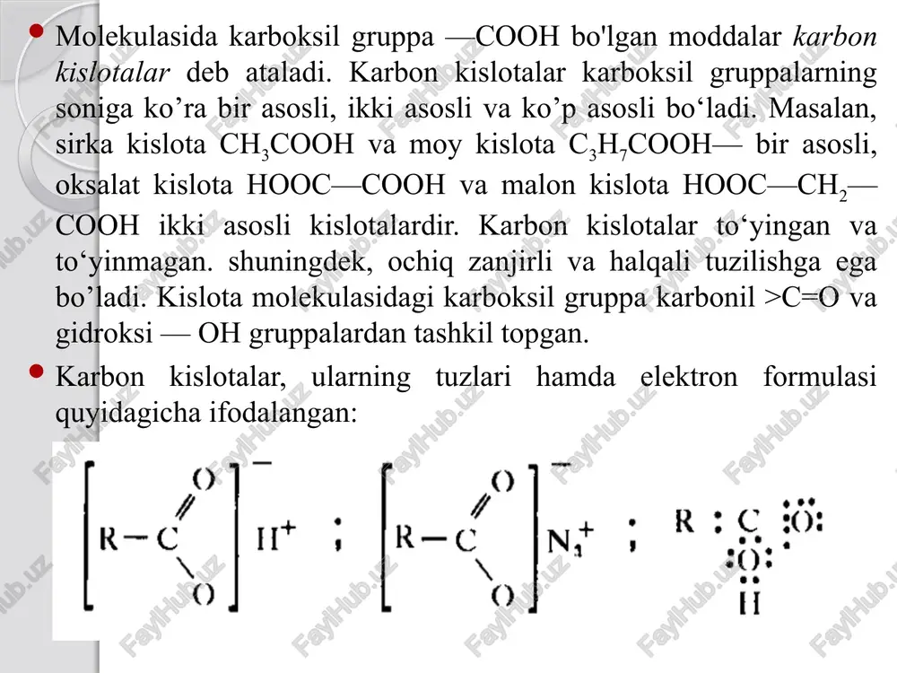 sh orqali va yog‘-moylarni gidrolizlab olinadi. fizik xossalari. karbon kislotalarning quyi vakillari odatdagi sharoitda o‘tkir hidli, suv bilan har qanday nisbatda aralashadigan , sovitilganda oson kristalanadigan harakatchan suyuqliklardir. molekulasidagi uglerod atomlari soni beshtadan to‘qqiztagacha bo‘lgan kislotalar (izomoy kislota ham) moysimon suyuqliklar bo’lib, suvda yomon eriydi. yuqori molekular yog‘ kislotalar hidsiz, suvda erimaydigan qattiq moddalardir. karbon kislotalarning deyarli hammasi spirtda va efirda yaxshi eriydi. kislotalarning molekular massasi ortishi bilan qaynash temperaturasi ham ortadi, solishtirma massasi esa kamayadi. normal tuzilishga ega bo‘lgan kislotalar tarmoqlangan kislotalarga qaraganda yuqori temperaturada qaynaydi. masalan, valerian kislota uglcrod atomlari soni juft bo'lgan kislotalar uglerod atomlari soni toq bo'lgan kislotalarga qaraganda yuqori temperaturada suyuqlanadi. kislotalarning molekular massasini aniqlash natijasida suyuq holatda ularning molekula massasi ikki baravar ortiqligi ma'lum bo’ladi. buning sababi kislota molekulalarining o’zaro assotsilanganligi, ya'ni vodorod bog'lanish hosil bo’lganligidir, buning natijasida siklik yoki chiziqli struktura hosil bo‘ladi: kimyoviy xossalari 1. barcha karbon kislotalar, anorganik kislotalar kabi kislota …
