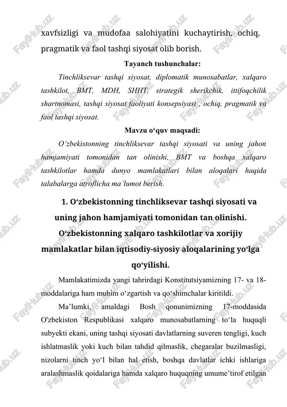 inishi. o‘zbekistonning xalqaro tashkilotlar va xorijiy mamlakatlar bilan iqtisodiy-siyosiy aloqalarining yo‘lga qo‘yilishi. mamlakatimizda yangi tahrirdagi konstitutsiyamizning 17- va 18-moddalariga ham muhim o‘zgartish va qo‘shimchalar kiritildi. ma’lumki, amaldagi bosh qonunimizning 17-moddasida o'zbekiston respublikasi xalqaro munosabatlarning to‘la huquqli subyekti ekani, uning tashqi siyosati davlatlarning suveren tengligi, kuch ishlatmaslik yoki kuch bilan tahdid qilmaslik, chegaralar buzilmasligi, nizolarni tinch yo‘l bilan hal etish, boshqa davlatlar ichki ishlariga aralashmaslik qoidalariga hamda xalqaro huquqning umume’tirof etilgan boshqa qoidalari va normalariga asoslanishi qat’iy belgilab qo‘yilgan. e’tirof etish lozimki, o‘tgan yillar mobaynida bosh qonunimizda muhrlab qo‘yilgan ushbu hayotbaxsh norma asosida mamlakatimizning tashqi siyosati izchil rivojlandi. o‘zbekistonning mintaqaviy va xalqaro jarayonlardagi ishtiroki sezilarli darajada yuksaldi. mamlakatimiz o‘zining izchil, progressiv va tinchlikparvar tashqi siyosati bilan xalqaro hamjamiyat e’tirofiga sazovor bo‘lmoqda. shu o‘rinda xalqaro huquqning umume‘tirof etilgan norma va prinsiplari haqida to‘xtalib, shuni ta’kidlash joizki, ushbu norma va prinsiplar o‘zbekiston respublikasi qo‘shilgan bir qator xalqaro shartnomalar majburiyatlaridan kelib chiqadi. ular xalqaro …