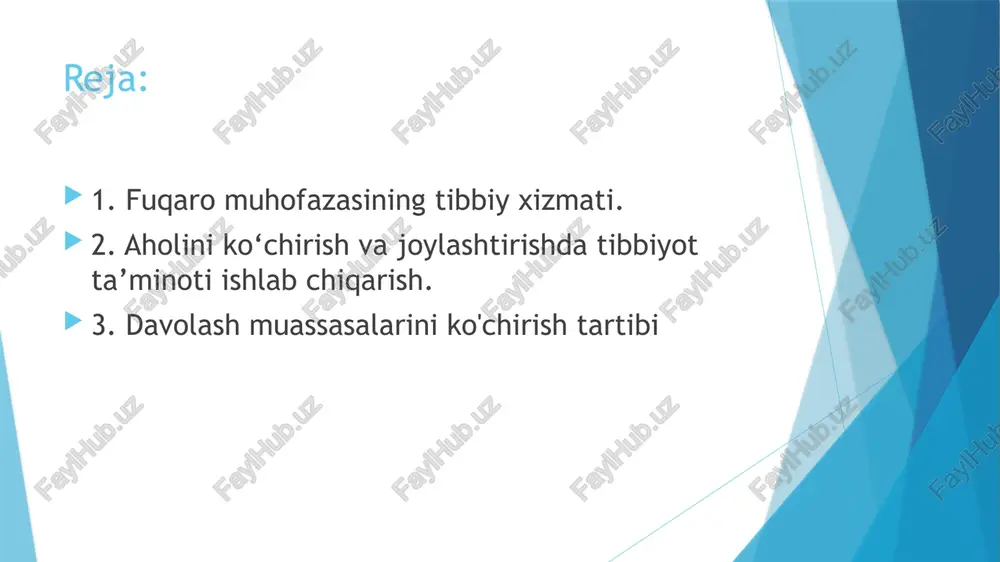 sanitariya qismi hisobidan tuziladi. hamma tashkil etiladigan tibbiyot punktlarida ishlovchi tibbiyot xodimlari quyidagi vazifalami bajaradi: bemorlarni qidirish, tibbiy yordam ko‘rsatish, lozim topilsa ularni yotqizish; yuqumli bemorlarni aniqlash, vaqtinchalik chetlatish va keyinchalik yotqizish; ko‘chiriluvchilar orasida tibbiyot xodimlarini topish, ularni tibbiyot ta’minotiga jalb etish. ko‘chadigan aholini yig’iladigan hamma joylarning transportini hamda vaqtinchalik ko‘chgan aholi joylashgan tumanlarning sanitar holatini nazorat qilish; ommaviy yuqumli kasalliklar tarqalishiga yo‘l qo‘ymaslik maqsadida o‘tkaziladigan epidemiyaga qarshi tadbirlarga qatnashish; aholini ko‘chirish va tarqoq holda joylashtirishda tibbiyot ta’minoti ishlab chiqarish hudud tamoilida olib boriladi. bu quyidagilarni o‘z ichiga oladi: tibbiyot punktlarini yoyish, respublika davlat sanitar - epidemiologik nazorat markazi (sets), tez yordam stansiyalarining kuch va vositalari jalb 150 i i etish, ko'chirish yo'nalishidagi hamma tibbiyot punktlarining sanitar gigiyenik holatini nazorat qilish. odatda yig'ilish ko'chirish joylarida tibbiy ta’minotni yaqin oradagi davolash-profilaktik muassasalar tomonidan ajratiladigan 1-2 o'rta tibbiyot xodimlari, shifokorlar tashkil qiladi, bular 12 soatlik ish kuniga yetarli miqdorda tibbiyot mollari bilan …