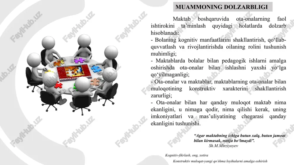 bilan muloqotining konstruktiv xarakterini shakllantirish; - ota-onalar bilan har qanday muloqot ular farzandlarining ta’lim va tarbiyasida juda muhimligini, uning imkoniyatlari va mas’uliyatining chegarasi qanday ekanligini tushuntirish. “menejment - bu ishlarni to'g'ri bajarish san'ati. liderlik - bu to'g'ri ish qilish san'ati." piter druker maqsad 4 birgalikdagi vazifalar o‘quvchilarning barkamol ijodiy shaxsini tarbiyalash; ota-onalar va o‘quvchilarning faol hayotiy pozitsiyasini shakllantirish; sog‘lom turmush tarzi ko‘nikmalarini shakllantirish; o‘quvchilarning qiziqishlari, moyilliklari, qobiliyatlarini rivojlantirish; 5 5 hozirgi kunda g‘arb davlatlari va aqsh da kunduzgi vaqtda bolalarni parvarish qilishga juda katta ahamiyat berilib, qator muvaffaqiyatlarga erishib kelinmoqda. kunduzgi vaqtda bolalarni parvarish qilish bo‘yicha xizmatlar bir nechta bolalarni o‘z qaramog‘iga olgan holda, uyda, shuningdek, turli xil markazlarda, davlatga qarashli yoki xususiy tashkilotlar nazoratida, oilada amalga oshiriladi. so‘nggi vaqtlarda mazkur xizmat aqshda oilaviy bolalar muassasalari deb nomlanmoqda. hozirgi vaqtda bu kabi oilaviy tipdagi bolalar muassasalari g‘arbiy yevropa va aqsh mamlakatlarida ommalashib bormoqda. bu muassasalarda asosan tashkilotchilik vazifasida qo‘shnilar tashabbus …