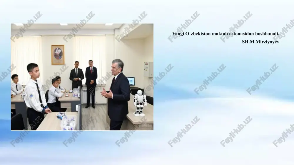 rta ta’lim muassasasi direktorining ma’naviy – ma’rifiy ishlar bo’yicha o’rinbosari va sinf rahbarlarinig lavozim yo’riqnomasini tasdiqlash to’g’risida https://en.wikipedia.org/wiki/truancy https://lex.uz/uz/ o`zbekiston respublikasi respublikasi maktabgacha va maktab ta’limi vazirining2023-yil 31-avgustdagi 282-son buyrug’i ma’muriy javobgarlik to`g`risidagi kodeksi o`zbekiston statistika qo`mitasi ma’lumotlari https://stat.uz/images/umumtalim-uzb-06_10_2022.pdf “kelajagimdan bir kun” loyihasi (ko’p dars qoldiruvchi o`quvchilar bilan ishlash) 3.loyihaning maqsadi: maktab kelishlari uchun bolalarga qo`rquv emas, motivatsiya berish lozim!!! 4.loyihani amalga oshirish mexanizmi va vazifalari: 1 3 2 amaldagi mexanizm asosida surunkali dars qoldiruvchi o`quvchilarni sinfbay aniqlash va maktab miqyosida ularning to`liq ma’lumoti kiritilgan jadvalni shakllantirish; o`rganishlar asosida o`quvchilarning tuman (shahar) darajasida na’munali faoliyat yuritayotgan 35 yoshgacha bo`lgan turli sohalarda faoliyat yuritayotgan yoshlarga biriktirish. maktab-mahalla, sektor-tuman darajasida ishchi guruh tuzib ro`yxatga olingan o`quvchilarni oilaviy sharoiti va muammosini o`rganish; 5.muammo yuzasidan xorijiy tajribalarning o`rganilganligi germaniya ta’lim tizimida agar o`quvchi surunkali tarzda maktabga bormasa, uning ruhiy holati o`rganib chiqiladi. undan keyin bolaning maktabga borishini ta’minlash maqsadida politsiya xodimlari maktabga borib - …