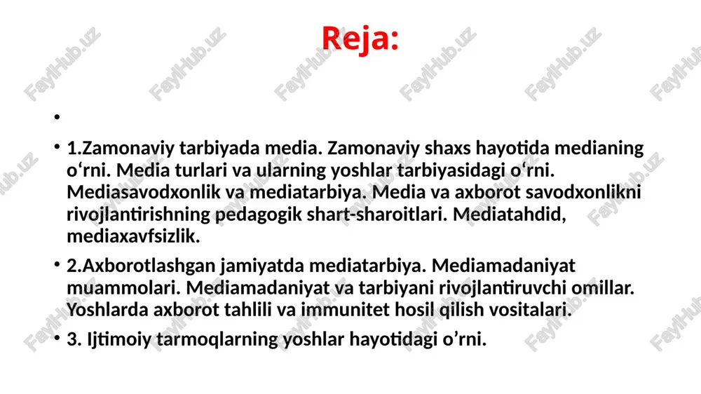 ). 3 biror narsa yoki kishidan foydalanish, manfaatlanish, o'z manfaati yo'lida foydalanish. medianing bugungi kungacha bo‘lgan shakllanish bosqichlari: 1.toshlardagi bitiklar. 2. hayvonlar terisiga yozilgan kitoblar va bitiklar. 3. qog‘ozning ixtiro qilinishi. 4. jarchilar xizmatining yo‘lga qo‘yilishi. 5. teatrlarning paydo bo‘lishi. 6.kitob bosishning boshlanishi. 7.radioning kashf etilishi. 8.televideniyening paydo bo‘lishi. 9.internetning paydo bo‘lishi. savodxonlik savodxonlik -insonning ma’lumoti, uning yozma va og‘zaki nutqi, fikrlash kengligi va tafakkuri. savodxonlik bugungi kunda ushbu tushuncha, inson faoliyatining ko‘p sonli yo‘nalishlarini shu jumladan, axborot, media va raqamli kommunikatsiya vositalari bilan bog‘liq faoliyatini qamrab oladi. mediasavodxonlik mediasavodxonlik – bu ommaviy axborot vositalari bo‘yicha savodxonlik. mediasavodxonlik zarurligi -huquqiy demokratik jamiyatimizning to‘laqonli, faol fuqarosi sifatida amalga oshirilayotgan islohotlar mazmun-mohiyatini tushunish; -oav orqali uzatilayotgan va qabul qilinayotgan kundalik axborotni saralash ko‘nikmalarini shakllantirish; -axborot orqali inson ongini boshqarishga yo‘l qo‘ymaslik va har qanday vaziyatda to‘g‘ri qaror qabul qilish; -insonning vizual obrazlar ta’siri ostida ijobiy yoki salbiy tomonga o‘zgarishlarini tahlil eta olish …