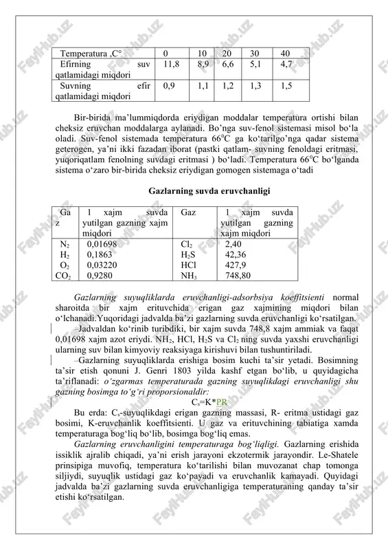 idagi miqdori 11,8 8,9 6,6 5,1 4,7 suvning efir qatlamidagi miqdori 0,9 1,1 1,2 1,3 1,5 bir-birida ma’lummiqdorda eriydigan moddalar temperatura ortishi bilan cheksiz eruvchan moddalarga aylanadi. bo’nga suv-fenol sistemasi misol bo‘la oladi. suv-fenol sistemada temperatura 660c ga ko‘tarilgo’nga qadar sistema geterogen, ya’ni ikki fazadan iborat (pastki qatlam- suvning fenoldagi eritmasi, yuqoriqatlam fenolning suvdagi eritmasi ) bo‘ladi. temperatura 660c bo‘lganda sistema o‘zaro bir-birida cheksiz eriydigan gomogen sistemaga o‘tadi gazlarning suvda eruvchanligi gaz 1 xajm suvda yutilgan gazning xajm miqdori gaz 1 xajm suvda yutilgan gazning xajm miqdori n2 h2 o2 co2 0,01698 0,1863 0,03220 0,9280 cl2 h2s hcl nh3 2,40 42,36 427,9 748,80 gazlarning suyuqliklarda eruvchanligi-adsorbsiya koeffitsienti normal sharoitda bir xajm erituvchida erigan gaz xajmining miqdori bilan o‘lchanadi.yuqoridagi jadvalda ba’zi gazlarning suvda eruvchanligi ko‘rsatilgan. jadvaldan ko‘rinib turibdiki, bir xajm suvda 748,8 xajm ammiak va faqat 0,01698 xajm azot eriydi. nh2, hcl, h2s va cl2 ning suvda yaxshi eruvchanligi ularning suv …