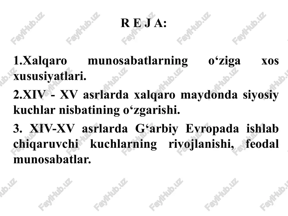 a intilishlarini ham kuchaytirdi. bu esa evropaning o‘zida va undan tashqarida ko‘plab urushlarni keltirib chiqargan; g‘arbiy evropaning ko‘plab mamlakatlarida markaziy qirol xokimiyatini kuchayishi va asta – sekin feodal tarqoqlikni bartaraf etilishi ham shuningdek, sulolaviy tortishuvlar tufayli keskinlashgan to‘qnashuv va ixtiloflarni keltirib chiqargan. bularga ko‘plab feodal senorlar va davlatlar ham tortilgan. davlatlarning chegaralari muntazam o‘zgarib turgan. ancha qudratli davlat xukmdorlari dunyoga egalik qilish da’vosi bilan chiqishib, o‘zlariga boshqalarni tobe qilishga, o‘z gegemoniyasi ostida “universal”, ya’ni barcha narsani qamrab olgan davlatni tuzishga intilishgan. bunday intilishlarni asosiy tarafdorlari rim papalari va german imperatorlari bo‘lishgan. xalqlarning shakllanishi va ko‘rib chiqilayotgan davrning so‘nggida milliy davlatlarning tashkil topa boshlashi jarayoni, evropada xalqaro munosabatlarning rivojlanishiga katta ta’sir ko‘rsatdi. tashqi omillar ham sezilarli ta’sir etdi: xiii asrda – sharqiy va janubiy evropaga mo‘g‘ul – tatarlarning bosqini amalga oshirildi, xiv—xv asrlarda — old osiyo va bolqon yarimorolida turk – o‘smoniylar davlati qaror topdi. evropaliklarni, siyosiy, diniy va savdo maqsadlarida …