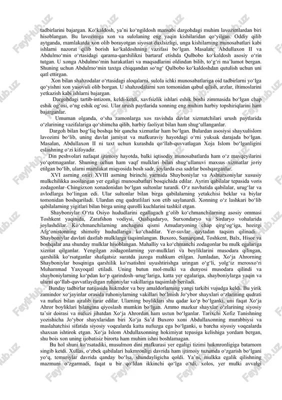 n. abdullaxon ii davriga kelib, masalan, hokimiyat iskandarxondan o‘g‘li abdullaxonga, abdullaxondan esa o‘g‘li abdulmo‘minga o‘tgan. ammo shayboniylar sulolasidagi davomiylik so‘nggi paytga qadar ana shu tartibda shakllana olmagan. abdullaxon ii davrida balx viloyati hokimligini valiahdga topshirish an’anasi shakllanib borgan. biroq shayboniylar faoliyatiga chek qo‘yilishi bilan bu an’ana rivojlanmay qolgan. bu an’ana ashtarxoniylar davrida yana tiklangan. dargohdagi xondan keyingi davlat mansabi sardor, boshliq, yetakchi deb hisoblangan va u xonning eng ishonchli va yaqin kishilaridan biri bo‘lgan. qabul marosimlarida u xonning chap tomonidan joy olgan va davlatning ichki va tashqi siyosati, harbiy masalalarda xonning birinchi maslahatchisi deb qaralib, xon farmon va yorliqlarida uning nomi birinchi bo‘lib qayd etilgan. masalan: 1570-yili buxoroda hokimiyatni tiklash jarayonida, buxoroliklar bilan muzokaraga xon o‘z sardorini yuborgan. bundan tashqari harbiy yurishni uyushtirish, dushman harbiy qudratini o‘rganish, elchilik vazifalarini bajarish vazifalarini ham sardor olib borgan. davlat tasarrufiga tegishli mansablardan yana biri–otaliqdir. u otasining o‘rnini bosmoq mazmunini anglatadi. ushbu xizmat hokimiyatning …