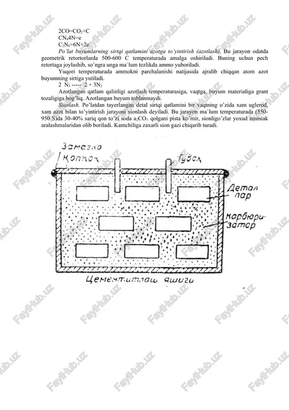 li bo’lmagani uchun so gazi xosil qilinadi lekin so gaz bu temperaturada barqaror bo’lmagani uchun u tubandagiga parchalanadi. 2c+o2=2co 2co-co2+c ajralib chiqqan atomar uglerod buyum sirtiga yutiladi. shunday qilib metal uglerodga tutiladi. korbyurizatordagi vasoz qo’shimchalarning parchalanishi (vaso3 - vao q so2) natijasida ajralib chiqqan so2 uglerod bilin reaksiyaga kirishib, so xosil qiladi. (so2- s q 2so) bu so o’z navbatida metall yashikda tashar uglerod miqdorini (0-30%) oshirib, jarayonini tezlatadi. po’lat buyumlarning sirtqi qatlaminins gaz muxitida uglerodga toyintirish, bu usulda 900 - 950 s gacha qizdirilgan geometrik pech kamerasidagi buyumdan ma’lum tezlikdagi uglevodorod, gazlari o’tkazilib turiladi, quyidagi reaksiyalar natijasida ajralib chiqqan uglerod buyumning sirqki qiymatiga yutiladi. 2co-co2 =s cpn2p = 2pnqcc cpn2p- (2p = 2)nqpc bu jarayonda ko’pincha metan, etan, propan, butan va boshqa gazlardan foydalaniladi. protsessning normal borish uchun gazning tarkibidagi va sarflanish xisobga olish doimo zarur. sementitlashning bu usuli qattiq korbyurizatorda sementitlash usuliga qaraganda serunum va qulay bo’lganligi ubi …