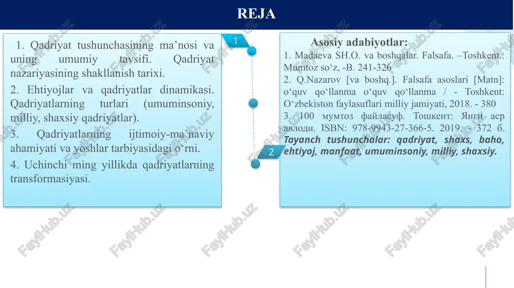 (qadriyat) va "logos" (fan, ta'limot) tushunchalaridan tashkil topgan. “qadriyatlar falsafasi” inson har safar mutafakkirlar diqqat markazidan o‘rin olar ekan, uning mohiyatini yangi tarixiy sharoitda va yangicha nuqtai nazardan anglab etishga harakat qilib, uni qayta va qayta yangidan kashf etganlar. hind madaniyati va falsafasining bebaho yodgorliklarining har birida aql-idrok, adolat, insof-diyonat, halollik, poklik, mehnatsevarlik, milliy totuvlik, zulm va zo’ravonlikka, xiyonat va riyokorlikka va boshq… qadriyatlar. misrliklar, hayot suvdan boshlanadi, deb bilib, suvsiz hech qanday hayot bo’lmasligini ko’rib, suvni ulug’lovchi qanchadanqancha rivoyat va afsonalar to’qiganlar. forobiy aristoteldan keyingi yirik mutafakkir «muallim — as-soniy» — ikkinchi muallim», «sharq aristoteli» nomi bilan ulug’lashdi. i qadriyat nazariyasining shakllanish tarixi. qadriyatlar tizimi — tabiat va jamiyatda uchraydigan narsa va hodisalarning oʻz hayotidagi oʻrni haqida insonlarda hosil boʻlgan qarashlar toʻplamini bildiradigan qadriyatlar nazariyasi tushunchasi (ijtimoiy munosabat). qadriyat o‘z mohiyatiga ko‘ra ijtimoiydir va ob’ekt-sub’ektli xususiyat kasb etadi. ma’lumki, jamiyat bo‘lmagan joyda qadriyatlar mavjudligi haqida gapirishning o‘zi behudadir. qadriyat …