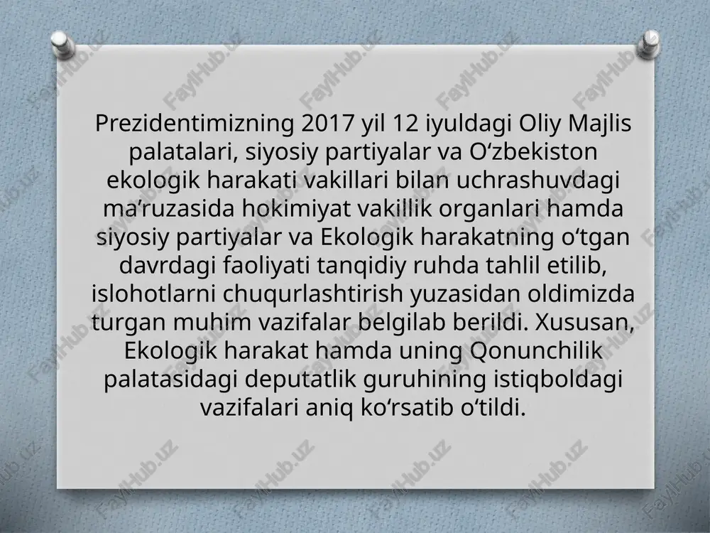 atlari takomillashtirilishi munosabati bilan o‘zbekiston respublikasining ayrim qonunlariga o‘zgartish va qo‘shimchalar kiritish haqidagi qonunlarqabul qilindi. shuningdek, “qayta tiklanuvchi energiya manbalari to‘g‘risida”, “chiqindilar to‘g‘risida”, “atmosfera havosini muhofaza qilish to‘g‘risida”, “ekologik ekspertiza to‘g‘risida”gi o‘zbekiston respublikasi qonuniga o‘zgartish va qo‘shimchalar kiritish haqida”, “suv va suvdan foydalanish to‘g‘risida”gi o‘zbekiston respublikasi qonuniga o‘zgartish va qo‘shimchalar kiritish haqida”gi qonun loyihalari tayyorlanib, qonunchilik palatasiga kiritish mo‘ljallanmoqda. qonun loyihalarini ishlab chiqish, ular hayotiyligini ta’minlash maqsadida qonun ijodkorligi jarayoniga keng jamoatchilik, olimlar va ekspertlar jalb qilinayotgani muhim ahamiyat kasb etmoqda. misol uchun, ushbu qonun loyihalarini ishlab chiqish jarayonida o‘tkazilgan 40 dan ortiq ishchi guruhlari tadbirlarida 230 dan zi±d taklif va mulohazalar o‘rtaga tashlandi. birgina yangi tahrirdagi “o‘rmon to‘g‘risida”gi qonun loyihasi bo‘yicha 2017 yil iyul-avgust oylarida jamoatchilik vakillarini jalb etgan holda o‘tkazilganmuhokamalarda 110 dan ortiq takliflar, fikr va mulohazalar olindi. parlament hamda deputatlar faoliyati bilan yoshlarni keng tanishtirish, ularningekoharakat deputatlari guruhi bilan doimiy muloqotini o‘rnatish maqsadida ekoharakatning “yoshlar qanoti” va …