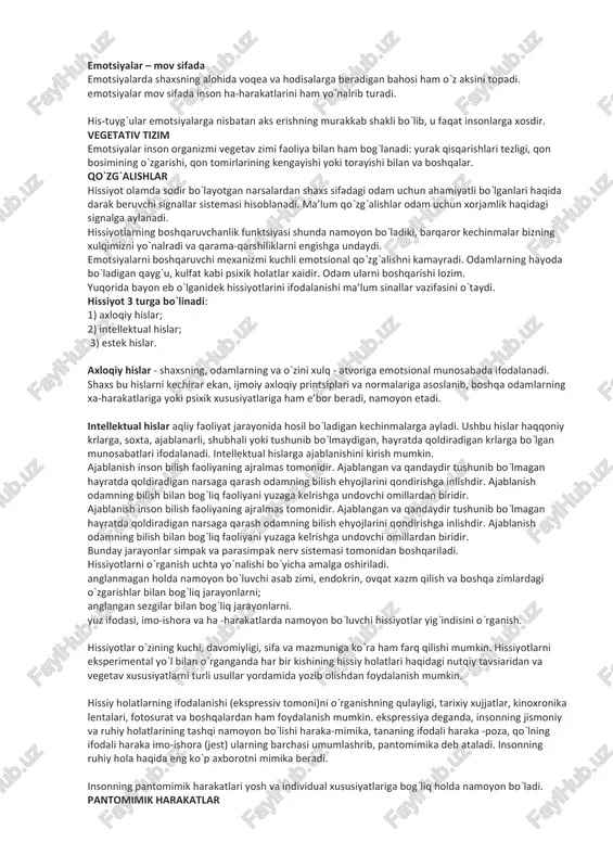 bo`lganlari haqida darak beruvchi signallar sistemasi hisoblanadi. ma’lum qo`zg`alishlar odam uchun xotirjamlik yoki notinchlik haqidagi fikrlarga aylanadi. signal funktsiyasi ifodalangan xatti-harakat (mimika va pantomimika) signal funktsiyasini bajaradi. ular odamning kechinmalarini boyitadi, yorqinlashtiradi va boshqa odamlarning idrok kelishini engillashtiradi. boshqaruvchanlik funktsiyasi hissiyot olamda sodir bo`layotgan narsalardan shaxs sifatidagi odam uchun ahamiyatli bo`lganlari haqida darak beruvchi signallar sistemasi hisoblanadi. ma’lum qo`zg`alishlar odam uchun xotirjamlik haqidagi signalga aylanadi. hissiyotlarning boshqaruvchanlik funktsiyasi shunda namoyon bo`ladiki, barqaror kechinmalar bizning xulqimizni yo`naltiradi va qarama-qarshiliklarni engishga undaydi. hissiyotlar hissiyotlar o`zining yuzaga kelishi nuqtai nazaridan odamning ehtiyojlari, qiziqishlari va intilishlari bilan bog`liq bo`ladi. hissiyotlar psixik faoliyatda uchta muhim vazifani: darak beruvchilik (signallik), baholash va boshqaruvchilik vazifalarini bajaradi. emotsiyalar inson va hayvonlarning ular uchun ahamiyatli bo`lgan hodisalarga munosabatini aks ettiradi. darak beruvchilik vazifasi hissiyotning darak beruvchilik vazifasi-sub`ektning tashqi qo`zg`atuvchilarning yoqimli yoki yoqimsiz ekanligini bildirib vokealar rivoji davomida o`z hatti-harakatini qanday davom ettirish kerakligini aks ettiradi. emotsiyalar – motiv sifatida …