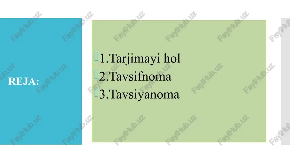 64-yil tug‘ilgan, buxoro shahridagi 18-o‘rta maktabda o‘qituvchi bo‘lib ishlaydilar. oilada 4 kishimiz. ukam – nasim 7-sinfda o‘qiydi. 1992-yildan 2002-yilgacha buxoro shahridagi 18-maktabda o‘qidim. maktabda sinf devoriy gazetasi muharriri bo‘ldim. ona tili va adabiyot fanlariga juda qiziqaman. bu fan bo‘yicha viloyat olimpiadasida 2-o‘rinni egallaganman. tennis bo‘yicha respublika musobaqalarida faxrli o‘rinlarni olganman. 9-sinfni tugatib, 2002-yilda buxoro davlat universitetining akademik litseyiga o‘qishga kirdim. mening turar joyim: buxoro shahri, yangiyer ko‘chasi, 51-uy. (imzo) n. sobirov. 2002-yil 21-may tavsifnom a ma’lum bir shaxsning mehnat va ijtimoiy faoliyati, shuningdek, uning o‘ziga xos xislat va fazilatlarini aks ettiruvchi rasmiy hujjat tavsifnoma deyiladi. tavsifnoma muassasa ma’muriyati yoki jamoat tashkilotlari (agar ular mavjud bo‘lsa) tomonidan xodimga bir qancha maqsadlar uchun (o‘quv yurtiga kirishda, xorijiy mamlakatlarga ishlash va boshqa yumushlar uchun ketishda, lavozimga tayinlashda yoki shahodatlashtirish va boshqa hollarda) beriladi. tavsifnomada xodimning jamoatchilik va xizmat faoliyati, uning ishchanligi va axloqiy sifatlari ham ko‘rsatib o‘tiladi. tavsifnoma 1. tavsiflanayotgan shaxs haqida to‘liq …