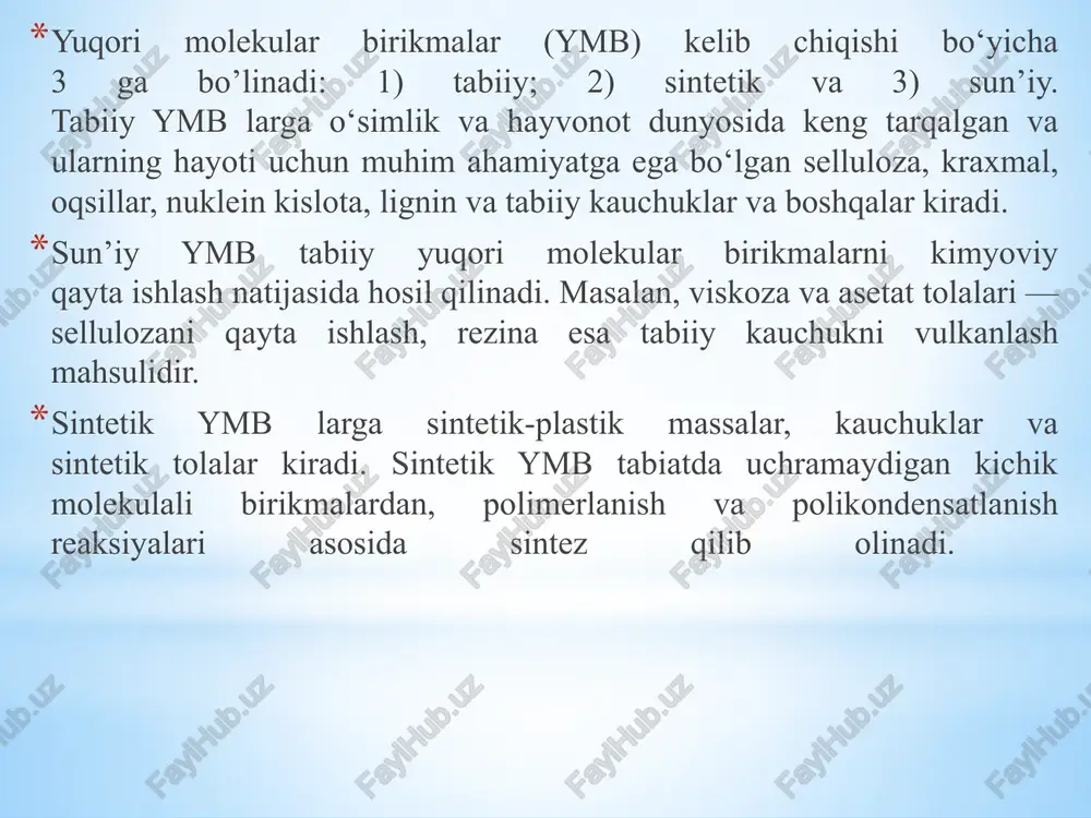 g tarkibiga kirgan makromolekula molekular massasining o’rtacha qiymatiga tengdir. ymb larning fizik va mexanikaviy xossalari ko‘p jihatdan ularning molekular massasiga bog’liq. molekular massaning ortib borishi bilan quyi molekular moddalar uchun xarakterli bo’lgan diffuziya, uchuvchanlik, eritmalardagi harakatchanlik singari xossalar asta-sekin yo’qolib, makromolekulalarning o‘ziga xos (bo‘kish , yuqori qovushqoqlik, qizdirilganda haydalmasdan parchalanish kabi) xususiyatlari paydo bo’ladi. sintetik polimerlar ikki usulda polimerlanish va polikondensatlanish reaksiyalari orqali sintez qilinadi. polimerlanish reaksiyasi — quyi molekular moddalar — monomerlarning o‘zaro birikib ymb hosil qilish reaksiyasidir. polimerlanish molekulalararo birikish reaksiyasi bo’lib, bunda polimerdan boshqa qo’shimcha mahsulot hosil bo’lmaydi. polimerlanish monomer tarkibidagi qo‘shbog‘ning uzilishi yoki halqaning ochilishi hisobiga yuqori temperatura, bosim, yorug’lik, katalizator ta'sirida sodir bo‘ladi. polimerlanish reaksiyasining mexanizmi monomerning tabiatiga qarab zanjirli va bosqichli bo’ladi. bosqichli polimerlanish sekin, zanjirli esa unga nisbatan tez ketadi. zanjirli polimerlanish o’z navbatida radikal va ionli mexanizmda boradi. radikal polimerlanish faol markaz erkin radikallarning hosil bolishi bilan boshlanadi. erkin radikallar initsiator deb …