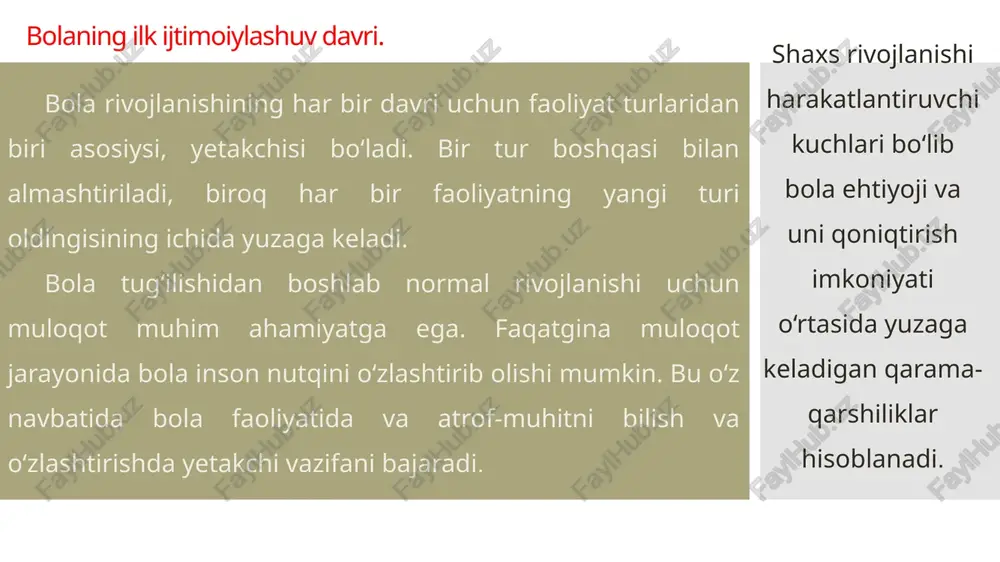 ik ko‘rsatmalarni shakllantirish, shaxsning milliy hayot va etnikaro munosabatlarning u yoki bu hollarini qabul qilishi, insonlarning o‘z eposi (xalqi) tarixi va hozirgi hayoti haqida qarashlari va fikrlari; bola yashaydigan va rivojlanadigan mintaqaviy shart-sharoitlarning ta’siri; yashaydigan joy turi (shahar, tuman markazi, qishloq); ommaviy kommunikatsiya vositalari va boshqalar mikroomillar - yaqingina makonni va ijtimoiy muhitni tashkil qiladigan oila, ta’lim muassasalari, tengdoshlar guruhi va boshqalar mana shu yaqingina muhitni, ya’ni bola o‘sadigan muhitni sotsium yoki mikrosotsium deb atashadi. 2. “sotsium (yaqin muhit) tushunchasi, ijtimoiy maqom, ijtimoiy moslashuv tushunchalari sotsium (yaqin muhit)– bola sotsiolizatsiyasi uchun muhim ahamiyatga ega. bu yaqin ijtimoiy muhitni bola asta-sekin o‘zlashtiradi. boshida u (bola), asosan, oilada rivojlanadi, so‘ng yangi muhitlarni o‘zlashtiradi – maktabgacha muassasalar, maktab, maktabdan tashqari muassasalar, o‘rtoqlar davrasi, diskotekalar va h.k. yosh o‘tgan sari bola tomonidan o‘zlashtirilgan ijtimoiy muhit “hududi” tobora kengayib boradi. ijtimoiy muhit yaqin ijtimoiy muhit orqali bolaning umuman jamiyatga kirib borishi jarayoni sotsiumda inson munosabatlari …