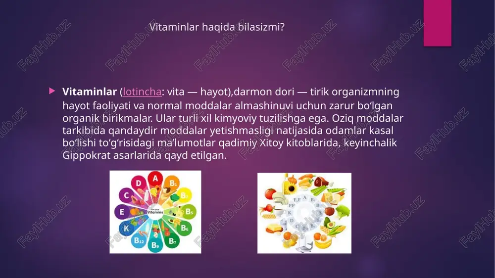 ruhiy ish qobiliyatining pasayishi kuzatiladi. riboflavin (v2 vitamin)— oʻsish jarayonida qatnashadi va oʻstiruvchi omillarga kiradi. oqsil, yogʻ va uglevodlar almashinuvida ishtirok etadi. markaziy nerv sistemasi holatini rostlaydi, koʻz gavharidagi moddalar almashinuviga taʼsir etadi, yorugʻlikni sezish va rang ajratishga yordam beradi. riboflavin organizmga oziq-ovqat bilan kiradi, ovqatda riboflavin yetishmasa ogʻiz burchagi, lab yoriladi (qarang lab bichilishi), soch toʻkiladi, konʼyunktivit va blefarit kuzatiladi. v2 vitamin asosan hayvon mahsulotlari — tuxum, pishloq, sut, goʻsht hamda galla va dukkakli oʻsimliklarda moʻl-koʻl. piridoksin (v6 vitamin)— koʻpgina oʻsimlik va hayvon mahsulotlari: achitqi, bugʻdoy murtagi, jigar, baliq, mol goʻshti va dukkakli donda boʻladi. u oqsil va yogʻning normal hazm boʻlishini taʼminlab, azot almashinuvida muhim rol oʻynaydi. organizmda piridoksin yetishmasa bolalar oʻsmay qoladi, meʼda-ichak ishi buziladi, kamqonlik roʻy beradi. homiladorlarda stomatit, terining yalligʻlanishi, qoʻzgʻaluvchanlik, uyqusizlik kuzatiladi. kishi organizmi uchun zarur miqdordagi piridoksin ichak bakteriyalari taʼsirida hosil boʻladi. nikotinamid, nikotin kislota (pp vitamin) hujayralarning nafas olishida, oqsillar almashinuvida qatnashadi, …