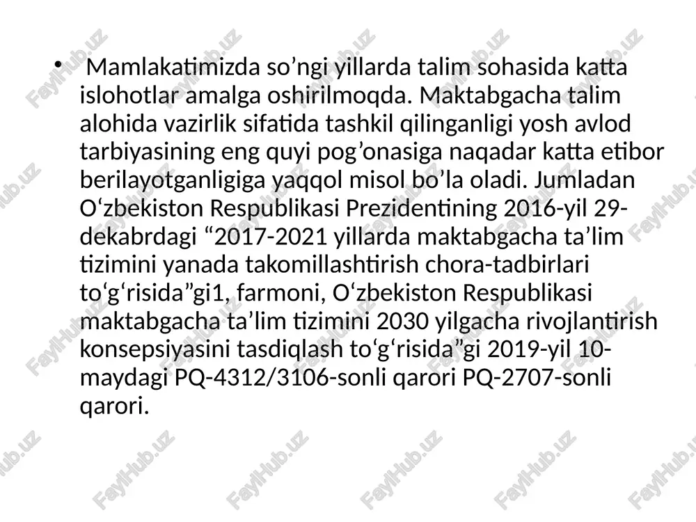 faoliyatning umumiy maqsadlari, balki rivojlanish sohalari bo‘yicha maqsadlar, faoliyat mazmuni va turlarini integratsiyalash ham hisobga olinadi. rejalashtirishda kun tartibini hisobga olish zarur. kun tartibi ish sur’atini belgilaydi va bolaga bir faoliyatdan boshqasiga oson o‘tishda yordam berishi lozim. shuni yodda tutish joizki, o‘yin maktabgacha yoshdagi bolalarning asosiy faoliyati hisoblanadi. kun tartibini tuzishda kunduzgi uyqu, dam olish vaqti va sayrga chiqish vaqti hisobga olinadi. yillik mavzuviy rejada har bir yosh guruhi uchun oy mavzulari va hafta mavzulari aks ettiriladi. maktabgacha ta’lim muassasasi hudud yoki boshqa xususiyatlarni hisobga olgan holda o‘zining yillik mavzuviy rejasini tuzishga haqli. mazkur mavzuviy reja maktabgacha ta’lim muassasasining pedagogika kengashida tasdiqlanadi . tarbiyachiga u yoki bu natija qanday darajada aks etayotganini belgilash taklif etiladi. rivojlanishning beshta sohasi (bola kompetensiyalari) umumlashtiriladi va tavsiya hamda takliflar ko‘rinishida ota-onalarga e’tiboriga havola etiladi. rivojlantiruvchi muhit mazmuni: maktabgacha ta’lim muassasasining ko‘rgazmali-rivojlantiruvchi muhiti mazmuni madaniy-tarixiy qadriyatlar: milliy va mintaqaviy an’analar; tabiat, iqlimdan kelib chiquvchi xususiyatlarga …
