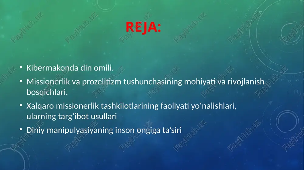 iqobi ostidagi ekstremistik saytlarda asosan davlat to‘ntarilishi va xunrezlik urushlari haqida gap boradi. jumladan, bugungi kunda dunyoda eng katta xavf solib turgan ishid guruhining internet kibermakonidagi axborot hujumi va tahdidini keltirib o‘tish mumkin. ularda ishid go‘yo islom yo‘lida «qurbon» bo‘layotgani aks etgan videolavhalar va fotosuratlar joylashtirilgan. terrorchilarning targ‘ibot-tashviqotlari kun sayin avj olib bormoqda. «odnoklassniki», «facebook», «instagram», «twitter», «vkontakte» ijtimoiy tarmoqlarida buzg‘unchilik va yot g‘oyalarni targ‘ib qiluvchi yuzlab guruhlar mavjudligi fikrimizning yaqqol dalilidir. shuningdek, islom dinini noto‘g‘ri, qabih maqsadlarda talqin etish, dinga siyosiy tus berib, hokimiyatni qo‘lga kiritish hisoblanadi. missionerlik (missiya soʻzidan), tabshir, mubashshirlik — biror dinga eʼtiqod qiluvchi xalqlar orasida boshqa bir dinni targʻib qilish. missionerlik, asosan, xristianlikka xos. xiii — xvi asrlarda xristian missionerligi hindiston, xitoy, yaponiyaga kirib bordi. yaponiyada 1614-yili xristianlikni taqiqlovchi qonun joriy etildi.katolik cherkovida missionerlik ispaniya va portugaliya imperiyalari tashkil topgach (xv — xvi asrlar), faoliyatini kuchaytirdi. missionerlik rim imperiyasiga yangi yerlarni oʻz taʼsiri ostiga olishda …