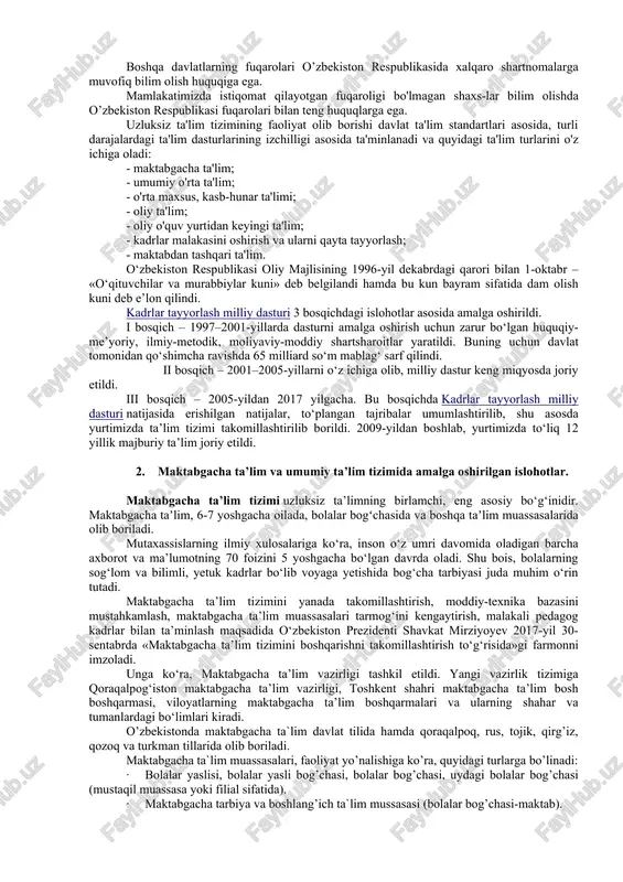 ta'lim sohasidagi davlat siyosatining asosiy prinsiplari quyidagilardan iborat: - ta'lim va tarbiyaning insonparvar, demokratik harakterda ekan-ligi; - ta'limning uzluksizligi va izchilligi; - umumiy o'rta, shuningdek, o'rta maxsus, kasb-hunar ta'limining majburiyligi; - o'rta maxsus, kasb-hunar ta'limi yo'nalishini: akademik liseyda yoki kasb-hunar kollejida o'qishni tanlashning ixtiyoriyligi; - ta'lim tizimining dunyoviy xarakterda ekanligi; - davlat ta'lim standartlari doirasida ta'lim olishning hamma uchun ochiqligi; - ta'lim dasturlarini tanlashga yagona va tabaqalashtirilgan yondashuv; - bilimli bo'lishni va iste'dodni rag'batlantirish; - ta'lim tizimida davlat va jamoat boshqaruvini uyg'unlashtirish. jinsi, tili, yoshi, irqiy, milliy mansubligi, e'tiqodi, dinga mu-nosabati, ijtimoiy kelib chiqishi, xizmat turi, ijtimoiy mavqei, turar joyi, o’zbekiston respublikasi hududida qancha vaqt yashayotganidan qat'i nazar, har kimga bilim olishda teng huquqlar kafolatlanadi. bilim olish huquqi: - davlat va nodavlat ta'lim muassasalarini rivojlantirish; - ishlab chiqarishdan ajralgan va ajralmagan holda ta'lim olishni tashkil etish; - ta'lim va kadrlar tayyorlash davlat dasturlari asosida bepul o'qitish, shuningdek, ta'lim muassasalarida shartnoma …