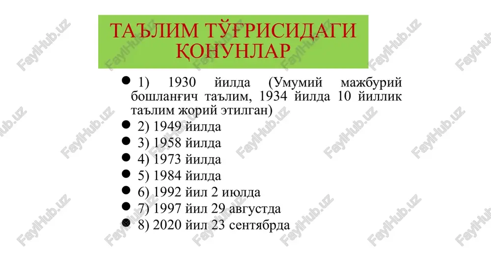 . shavkat mirziyoev tarbiya - aniq maqsadli hamda ijtimoiy-tarixiy tajriba asosida yosh avlodni har tomonlama kamol toptirishga, ularning ongini, ma’naviy-axloqiy qadriyatlar va dunyoqarashini shakllantirishga qaratilgan tizimli jarayon ta’lim - ta’lim oluvchilarga chuqur nazariy bilim, malakalar va amaliy ko‘nikmalar berishga, shuningdek ularning umumta’lim va kasbiy bilim, malaka hamda ko‘nikmalarini shakllantirishga, qobiliyatini rivojlantirishga qaratilgan tizimli jarayon 2-bob. ta’lim tizimi, turlari va shakllari 7-modda. ta’lim turlari maktabgacha ta’lim va tarbiya umumiy o‘rta va o‘rta maxsus ta’lim; professional ta’lim; oliy ta’lim; oliy ta’limdan keyingi ta’lim; kadrlarni qayta tayyorlash va ularning malakasini oshirish; maktabdan tashqari ta’lim 1779-yilda iogann fridrix oberlin va luiza sheppler strasburgda ota-onalari kun davomida yo‘q bo‘lgan maktabgacha yoshdagi bolalarga g‘amxo‘rlik qilish va o‘qitish uchun dastlabki muassasaga asos solishdi. 1837-yilda nemis pedagogi fridrix frebel germaniyaning bad - blankenberg shahrida bolalar uchun tashkil qilingan muassasasini “bolalar bog‘chasi” deb atadi va ushbu atama butun dunyoga umumiy tarzda qabul qilindi. taxminlarga ko‘ra, frebel bolalarni “ollohning ekinlari” …