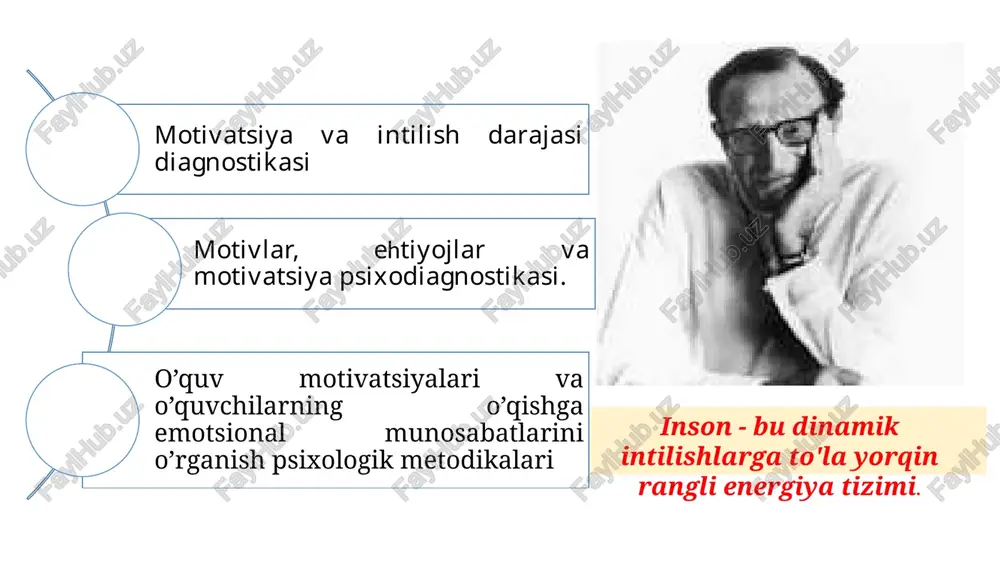 atida; 2. subyektning xulq-atvor faolligini rag'batlantirish sifatida, ya'ni faoliyat motivatsiyasi va uni nazorat qilish. motivatsiya - bu kenglik, moslashuvchanlik va ierarxiya bilan ajralib turadigan motivlar tizimi. kenglik bo'yicha bosh motivatsion omillarning - motivlar, ehtiyojlar, maqsadlar, qadriyatlar va boshqalarning sifatli xilma-xilligi sifatida tushunish mumkin. motivatsion sohaning moslashuvchanligi yuqori darajadagi motivatsiyani qondirish uchun turli xil past darajadagi motivatsion stimullardan foydalanish mumkinligida ifodalanadi, ya'ni. rag'batlantirish bir yoki boshqa bo'lishi mumkin. rag'batlantirish qancha ko'p bo'lsa, motivatsion tuzilma shunchalik moslashuvchan bo'ladi. motivatsion sohaning ierarxiyasi motivlarning namoyon bo'lish chastotasi va kuchini aks ettiradi. kuchli motivlar yuqori darajani egallaydi va ko'pincha harakatlar uchun rag'bat sifatida namoyon bo'ladi. shaxsning tuzilishida motivatsiya alohida o'rin tutadi va inson xatti-harakati va faoliyatining harakatlantiruvchi kuchlarini tushuntirish uchun ishlatiladigan asosiy tushunchadir. motivatsiya hodisalariga qarashlarning nazariy aniqligi va noaniqligi hali tugallanmagan. bu, xususan, psixologiyaning ushbu sohasining motiv, ehtiyoj, motivatsiya kabi asosiy tushunchalari ta'riflarining noaniqligida namoyon bo'ladi. motivatsiya, shuningdek, turli xil mumkin bo'lgan harakatlar, turli …