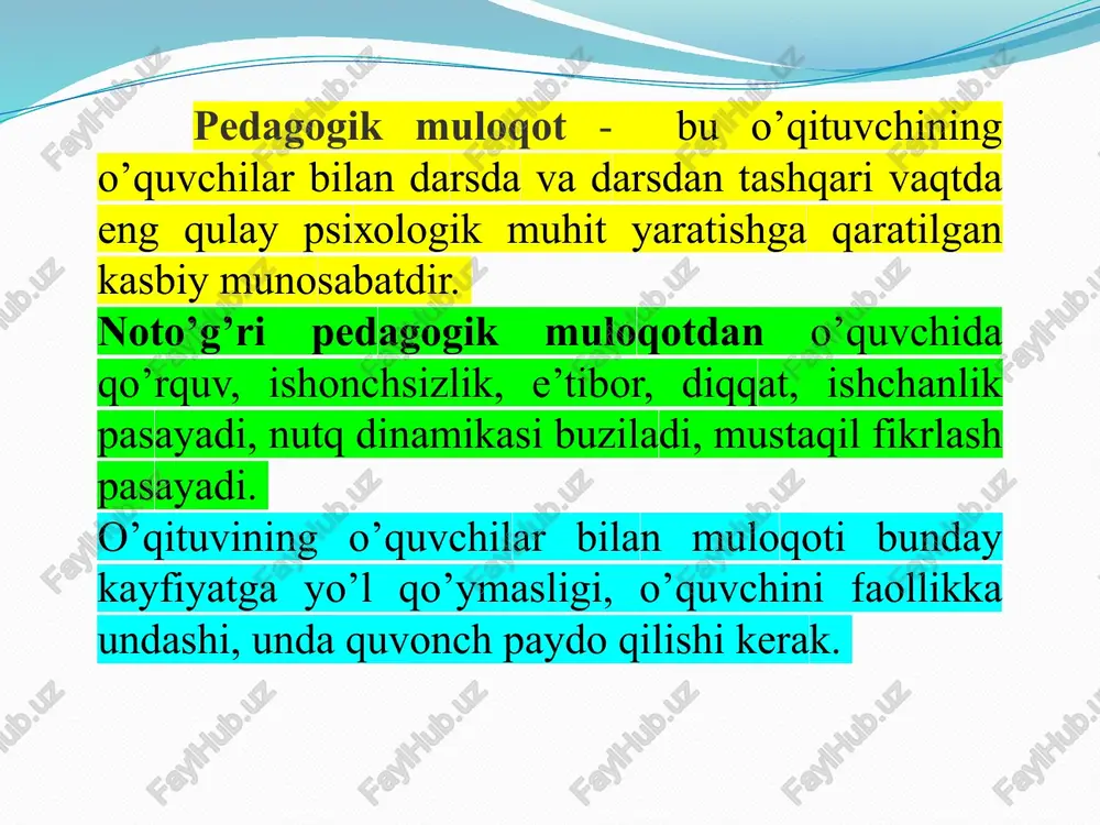 u tariqa pedagog faoliyatida muloqot tuzilishi quyidagicha amalga oshiriladi: pedagogik muloqotning tuzilishida quyidagi bosqichlar alohida ajratib ko‘rsatiladi: 1. o’qituvchi tomonidan o‘quvchilar bilan muloqotga bevosita tayyorgarlik jarayonda o‘quvchilar bilan bo‘lajak har qanday muloqot turini modellashtirish. 2. bevosita muloqotni tashkil etish (kommunikativ hujum) – o‘quvchilar bilan dastlabki muloqotni tashkil etish jarayonidayoq o‘zaro ta’sir metodlaridan bevosita foydalanib tashabbuskorlikni qo‘lga olish 3. muloqotni boshqarish- tobora takomillashib borayotgan pedagogik faoliyatda muloqotning turli texnologik shakllaridan unumli foydalanish va uni boshqarish 4.amalga oshirilayotgan pedagogik muloqot texnologiyasining borishi va natijalarini tahlil etish - keyingi pedagogik faoliyat uchun olib boriladigan muloqot tizimini modellashtirish va muloqotning amalga oshirilgan tizimini doimiy tahlil qilib borish. pedagogik muloqotning 4 - bosqichi naqadar muhim ahamiyatga ega ekanligini tasavvur qilib, kommunikativ vazifalarning bajarilish holatini oldindan puxta o‘ylash kerak. u har qanday darsning kommunikativ tizimini mukammal, o‘ziga xos ravishda rejalashtirishga imkoniyat yaratadi. pedagogik muloqotda uchraydigan kamchiliklarga quyidagilarni kiritish mumkin: 1) ehtiyosizlik, shaxsiyatparastlik, suhbatdoshni ortiqcha majburlash; 2) …