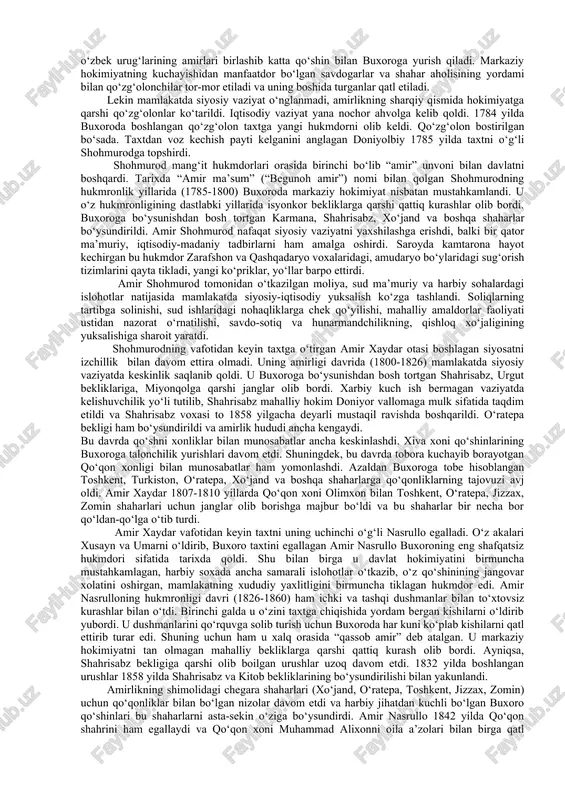 olib keldi. yangi hukmdorlar hokimiyatni rasman “amir” unvoni bilan boshqara boshladilar va bu davlat buxoro amirligi nomi bilan tarixda qoldi. ashtarxoniylar davrida o‘ta zaiflashib qolgan davlat boshqaruvida mang‘it urug‘i biylarining nufuzi ancha ko‘tarilgan edi. abulfayzxonning o‘limidan (1747) keyin taxtga to 1756 yilgacha uning avlodlari chiqqan bo‘lsada, amalda hokimiyat mang‘itlar sulolasi vakili muhammad raxim qo‘lida edi.u o‘z hukmronligining dastlabki davridayoq markaziy davlat hokimiyatini mustahkamlashga kirishadi. yirik yer egalari, savdogarlar va ulamolar uning bu harakatini qo‘llab-quvvatlaydilar. ishni avvalo saroy amaldorlarini o‘zgartirishdan boshlagan muhammad raxim keyinroq viloyat hokimligiga ham o‘z odamlarini tayinlashga erishadi. buning uchun u 1750-1752 yillarda shahrisabzga 4 marta harbiy yurish qilib, bu voxada o‘z hokimiyatini o‘rnatdi, g‘uzor ham buxoro hokimiyatini tan oldi. shuningdek, miyonqol, nurota, urgut, qabadiyon, boysun kabi bekliklar ham birin-ketin bo‘ysundirildi. 1753-1756 yillarda zarafshon voxasining yuqori oqimi, jizzax, zomin ham buxoro tarkibiga qo‘shib olindi. 1756 yil dekabr oyida muhammad raximxon rasman buxoro taxtiga o‘tiradi. u taxtga o‘tirgach, bir …