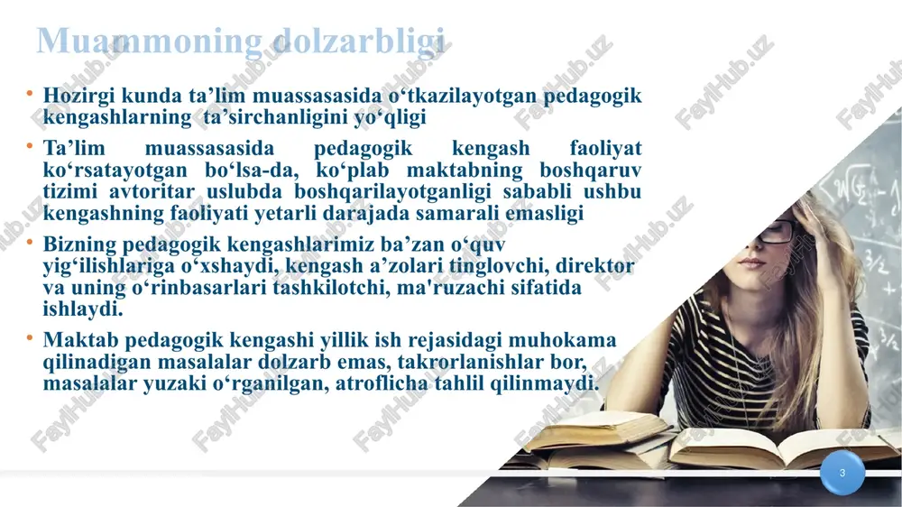 nishdan maqsad: 5 * fr vazifalar: dobavit nijniy kolontitul * pedagogik kengashning funktsional maqsadi kengashga qo‘yilgan masalasini qayta ko‘rib chiqishga astoydil harakat qilishi kerak, kengashga tayyorlanilash va o‘tkazishda qonun hujjatlaridan chetga chiqmagan holda yangi yondashuvlarni qidirish va o‘zlashtirshi lozim. maktab o‘quvchilarining egallashi kerak bo‘lgan bilim, ko‘nikma va malakalarini ta’minlash, o‘quvchilarga ta’lim-tarbiya berish sifatini oshirish yo‘llarini aniqlash pedagogik jamoaning ma’lum yo‘nalishlardagi faoliyatini tahlil qilish va yakuniy xulosa berish dobavit nijniy kolontitul fr vazifalar: dobavit nijniy kolontitul * pedagogik kengashlar faoliyatini to‘g‘ri yo‘lga qo‘yilishi o‘qituvchilarning kasbiy mahoratini oshirish maktabiga aylanishi mumkin. ana shunday maktablarda o‘qituvchilar kengashlarda yangicha ishlashga, o‘z faoliyatini tahlil qilishga, zamon talablari bilan solishtirishga o‘rganadi. pedagogik kengash maktab pedagogik jamoasining o‘zini - o‘zi boshqarishning doimiy jamoaviy organi hisoblangani uchun kengashda ko‘riladigan masalalarning o‘ta muhimligini o‘qituvchilar ongiga singdirish va anglatish lozim. dobavit nijniy kolontitul fr muammo yuzasidan xorijiy tajribalarning o‘rganilganligi dobavit nijniy kolontitul * o‘qituvchilarning imkoniyatlarini kengaytirish uchun yig‘ilishlar tashkil etiladi. …