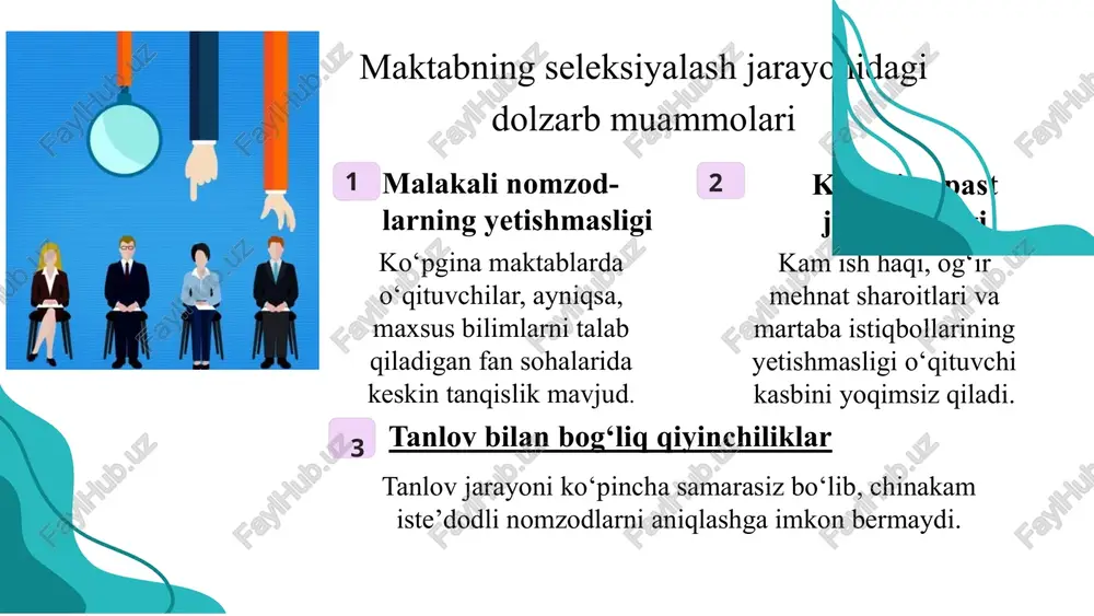 belgilab berilgan ) 3 mavzuga oid adabiyotlar tahlili: karimov. f umumta’lim maktab rahbarlari salohiyatining ta’lim sifatiga ta‘siri. jamiyat boshqaruv. 2015 y - po‘latov sh.p. ta’lim muassasalarini ilmiy metodik boshqarish texnologiyasi. toshkent. 2012 y. 239 b - po‘latov. b.n kadrlarni tanlash va joy-joyiga qo‘yish muammolari. pedagogik ta’lim klasteri: muammo va yechimlar. 2021 y 694-697 b ushbu adabiyotlarni barchasida kadrlarni to‘g’ri tanlash va joy-joyiga qo‘yish ta’lim sifatini oshirishga ta’sir ko‘rsatishi aytib o‘tilgan - qurbonov sh.e, seytxalilov e.a. ta’lim sifatini boshqarish. toshkent.2006 y/ 553b 4 mavzuni o‘rganishdan maqsad: maktabning seleksiya faoliyatini rivojlantirish 5 04. vazifalar: iqtidorli nomzodlarni jalb qilish strategiyasini ishlab chiqish nomzodlarni tanlash va baholash jarayonini takomillashtirish 06. 03. 02. 01. 05. hamkorlikni muvaffaqiyatli yo‘lga qo‘yish iqtidorli o‘qituvchilarni tanlash va saralash usullarini topish raqobatbardosh kadrlarni izlash va jalb etish maktabning ichki imkoniyatlarini kuchaytirish iqtidorli nomzodlarni jalb qilish strategiyasi raqobatbardosh to‘lov o‘qituvchi kasbini moliyaviy jihatdan jozibador qilish uchun munosib ish haqi, mukofotlar va …