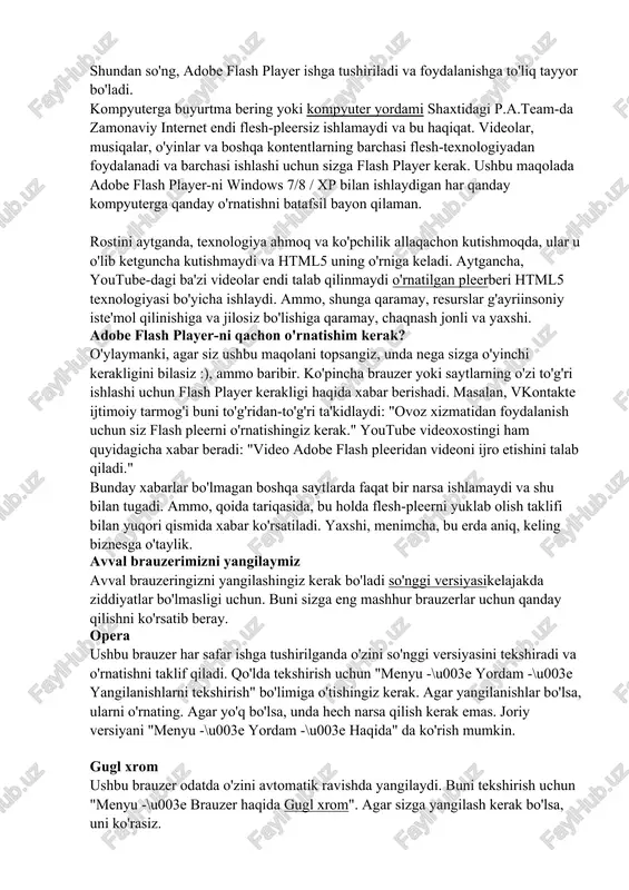 masi paydo bo'ladi, unga rozi bo'lishingiz kerak. buni "qabul qilish" tugmachasini bosish va sariq adobe flash player-ni o'rnatish orqali amalga oshirishingiz mumkin .. o'rnatishni davom ettirish va adobe flesh-pleerini o'zingiz o'rnatish uchun yangi paydo bo'lgan oynada "yopish" tugmasini bosing. keyin foydalanadigan brauzeringizga qarab active x yoki plugin boshqaruvini o'rnatishingizni so'raydigan boshqa menyu paydo bo'ladi. o'rnatish tugmachasini yana bir marta bosing. shu bilan birga, kompyuter monitorida vaqtinchalik satr paydo bo'ladi, u o'rnatish jarayonini aks ettiradi.adobe flash player-ning barcha elementlari siznikiga o'rnatilgandan so'ng, o'rnatish ustasi oxirgi tugmani ko'rsatib beradi, unda finish tugmasi bo'ladi. uni bosing va kompyuteringizni qayta yoqing. shundan so'ng, adobe flash player ishga tushiriladi va foydalanishga to'liq tayyor bo'ladi. kompyuterga buyurtma bering yoki kompyuter yordami shaxtidagi p.a.team-da zamonaviy internet endi flesh-pleersiz ishlamaydi va bu haqiqat. videolar, musiqalar, o'yinlar va boshqa kontentlarning barchasi flesh-texnologiyadan foydalanadi va barchasi ishlashi uchun sizga flash player kerak. ushbu maqolada adobe flash player-ni windows 7/8 / …