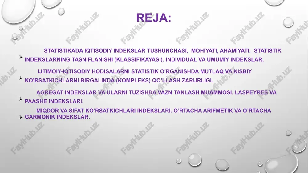 xonalar tomonidan davlat buyurgmalari-ning haqiqatda qay darajada bajarilganini belgilaydi. shartnoma va davlat buyurtmalarining bajarilish indekslari turli ob'ekt yoki hududlarga tegishli iqtisodiy hodisalar-ning o’zaro nisbatini ko’rsatadi. yordamida turli unsurlardan tashkil toptan murakkab iqtisodiy hodisalar-ning umumiy o’zgarishlari, ular-ning shakllanishida ayrim omillarning roli aniqlanadi. xududiy indekslar analitik indekslar indekslarni tuzishda quyidagi shartli belgilar qo’llaniladi ko’rsatkichlar shartli belgilar davrlar bazis joriy 1. hodisaning miqdori (fizik hajm) q 2. narx p 3. tannarx c 4. mahsulot ishlab chiqarshi uchun sarflangan jami mehnat, ro’yxatdagi ishchilarning o’rtcha soni, kishi-kun, kishi-soat w 5. mahsulot birligini ishlab chiqarshi uchun sarf etilgan vaqt, kishi-kun, kishi-soat t indekslar to’plam birliklarini qamrab olishiga qarab alohida (individual) va umumiy (agregat) indekslarga bulinadi. alohida indekslar mohiyati jihatidan dinamika nisbiy miqdorlariga yaqin bo’lib, o’rganilayotgan hodisa yo miqdori (hajmi)ning, yo bahosi (narxi)ning, yoki tannarxining yoki mehnat talabchanligining vaqt ichida o’zgarishini tavsiflaydi. bir xil turdagi mahsulot bo’yicha alohida indekslar 1. miqdor indeksi 2. narx indeksi 3. tannarx …