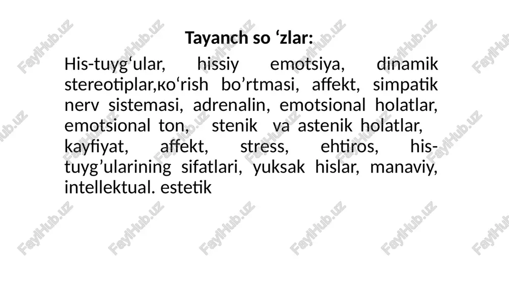 lgan tuyg’ulardir. demak kishining sezgisi narsa va hodisalarning o’zidan habar beradi, hissiyot bo’lsa shaxsning nrsa va hodisalarga qanday munosabatda bo’lganligidan darak beradi. hissiyotni odamning ongidan tashqari deb bo’lmaydi. stenik va astenik his-tuyg'ular tuyg'ularning asosiy maqsadi bizning his-tuyg'ularimizni aks ettirishdir. bundan tashqari ular tananing hayotiy faoliyatiga ta'sir ko'rsatadilar. shu asosda hissiyotlar stenik va asteniklarga bo'linadi. stenik tuyg'ular ham faol deb ataladi, chunki ular organizm hayotiy faoliyatini oshiradilar. stenik his-tuyg'ularga zavq va quvonch kiradi. ushbu tuyg'u davomida odam qon tomirlarini kengaytiradi, bu esa muhim organlar va miya yaxshi ovqatlanishga olib keladi. ijobiy his-tuyg'ular insonni yanada kuchliroq, faol bo'lishga imkon beradi. inson kulish muloqot qilishni istaydi. zaif va jismoniy faoliyatni yaxshilaydi. astenik tuyg'ular passiv deb ataladi, chunki ular organizmdagi muhim hayotiy jarayonlarni kamaytiradi. astenik tuyg'ular passiv deb ataladi, chunki ular organizmdagi muhim hayotiy jarayonlarni kamaytiradi. astenik tuyg'ular - xafa, qayg'u. barcha jarayonlar shirin his-tuyg'ular bilan sodir bo'lgan narsalarning aksi. qon tomirlari torayadi, odamning …