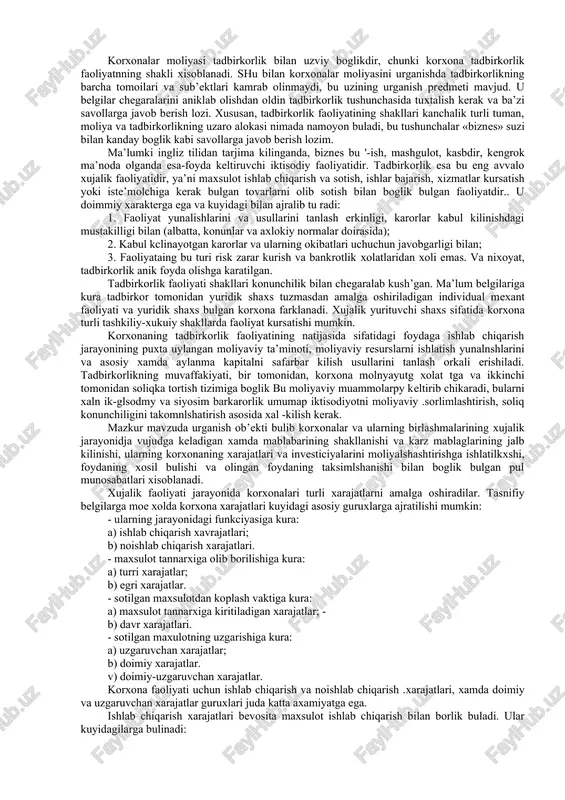 akllantirish, taksimlash va ishlatish jarayonida yuzaga keluvchi iktisodiy munosabatlar moliyaviy munosabatlarni tashkil etadi. aytilgandan pulning xarakat bilan boglik bulgan barcha munosabatlar moliyaviy munosabatlarni tashkil etadi, degan xulosa kelib chikmaydi. moliyaviy munosabatlar pulning xarakati bilan boglik munosabatlarning fakat bir kismigina uz ishlab chiqarishiga oladi. moliyaviy munosabatlar ob’ektiv xolda mavjuddir, lekin jamiyatdagi ishlab chiqarish munosabatlarining xarakatiga mos keladigan konkret shakllarda namoyon buladi. xozirgi sharoptda moliyaviy munosabatlarning shakllari jiddiy uzgarmokda. uzbekistonda bozor iktisodiyotining barpo kilinshi nafakat mu.yakni davlat tasarrufidan chiqarish, korxonalarni xususiylashtirish, rakobatni rivojlantirish, narxlarni va korxonalarning tashki iktisodiy alokalarini liberallashtirishni, balki xalk xujaligini moliyaviy soglomlashtirish, moliyaviy munosabatlarning ad svat tizimni yaratishni xam kuzda tutadi. moliyaviy munosabatlar korxonalardan tortib umumdavlat mikiyosigacha bulgan boskishlab chnkarnshlardagi pulning xarakati bplap boglik munosabalarni uz ishlab chiqarishiga olishn sabibli umumdavlat, maxallpy xokimiyat organlari xamda korxonalar moliyasn farklanadn. korxoni molnyasi davlatning yagoia moliya tizimipipg muxnm tarkibiy kismi bulnb, xalk xujaligining turli tarmoklaridagp korxonalardn daromadlariing shakllannshn, tausnmlannshi va pshlatilishn jarayonini …