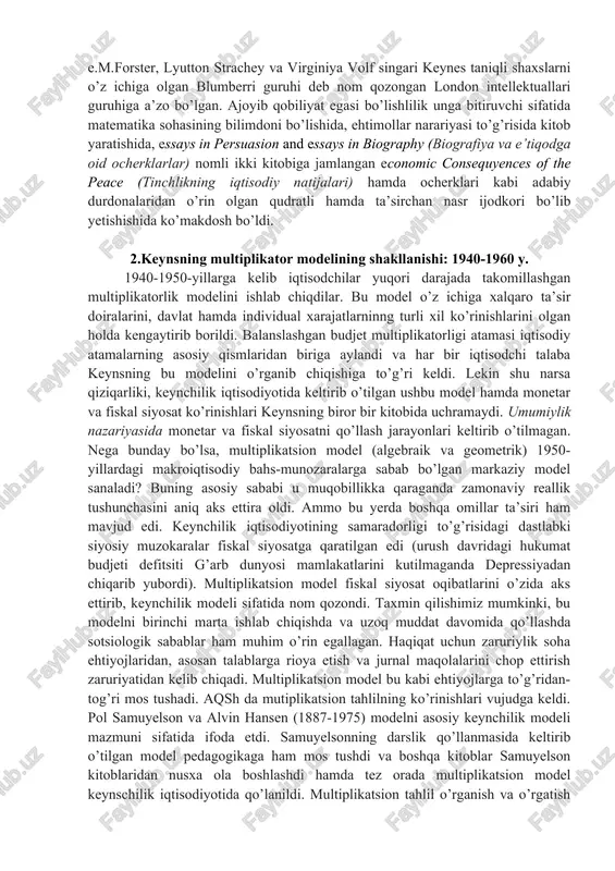 ganligi uchun tanqidga uchragan. kembrij va eton universiteti talabasi sifatida u o’z keng qamrovli qiziqishlari ketidan quvishda ishtiyoqini namoyon etdi; shundan kelib chiqib, u havaskor sifatida tan olindi. ta’limi nihoyasiga yetgach, kembrijga qaytguncha yana ikki yil mobaynida britaniya hukumatining hindiston ofisiga fuqarolarga xizmat ko’rsatuvchi xodim sifatida ishga qabul qilindi. u akademik darajasiga erisha olmadi. uning iqtisodiy siyosatga bo’lgan cheksiz qiziqishlari umri mobaynida ko’plab hukumat tashkilotlarida ish olib borishiga imkon yaratib berdi. u qirollik kollejida xazinabon sifatida hamda o’z shaxsiy hayotida biznes masalalari bo’yicha faol ishtirokchi bo’ldi va uning biznesga bo’lgan qobiliyati 1920-yillarda bankrotlik holatiga yaqin kelgan paytidagi sof boylik darajasi 1946-yil umrining oxirlarida 2 million dollarga ortganligi bilan izohlanadi. keynsning teatr sohasi, adabiyot va baletga qiziqishi bo’lgan; u balerinaga uylangan. kliv bel, e.m.forster, lyutton strachey va virginiya volf singari keynes taniqli shaxslarni o’z ichiga olgan blumberri guruhi deb nom qozongan london intellektuallari guruhiga a’zo bo’lgan. ajoyib qobiliyat egasi bo’lishlilik unga …
