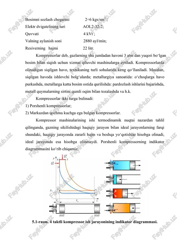 urga bulinadi: 42 1) porshenli kompressorlar; 2) markazdan qochma kuchga ega bulgan kompressorlar. kompressor mashinalarining ishi termodinamik nuqtai nazardan tahlil qilinganda, gazning sikilishidagi haqiqiy jarayon bilan ideal jarayonlarning farqi shundaki, haqiqiy jarayonda zararli hajm va boshqa yo‘qotishlar hisobga olinadi, ideal jarayonda esa hisobga olinmaydi. porshenli kompressorning indikator diagrammasini ko‘rib chiqamiz. 5.1-rasm. 4 taktli kompressor ish jarayonining indikator diagrammasi. haqiqiy indikator diagrammadan olingan, silindrga kirgan gaz hajmi vu ning, silindrning ishchi hajmi vh ga bo‘lgan nisbati, kompressorning hajmiy f.i.k. deyiladi: (5.1) kompressordagi har xil tirqishlar orqali gaz chiqib ketganligi uchun, silindrga rostmana surib olingan gazning hajmi haqiqiy indikator diagrammadan olingan gaz xajmi vu dan kichik bo‘ladi. v ning ishchi xajmi vh ga nisbati uzatish koeffitsiyenti deyiladi. (5.2) hajmiy f.i.k. va uzatish koeffitsiyentlarining qiymatlari v=0,75 – 0,95 ; = 0,65 – 0,85 5.2 – rasm. co – 7a kompressorni sxemasi. 1 - havo filtri; 2 - bosim sozlagich; 3- yog’ - namlik …
