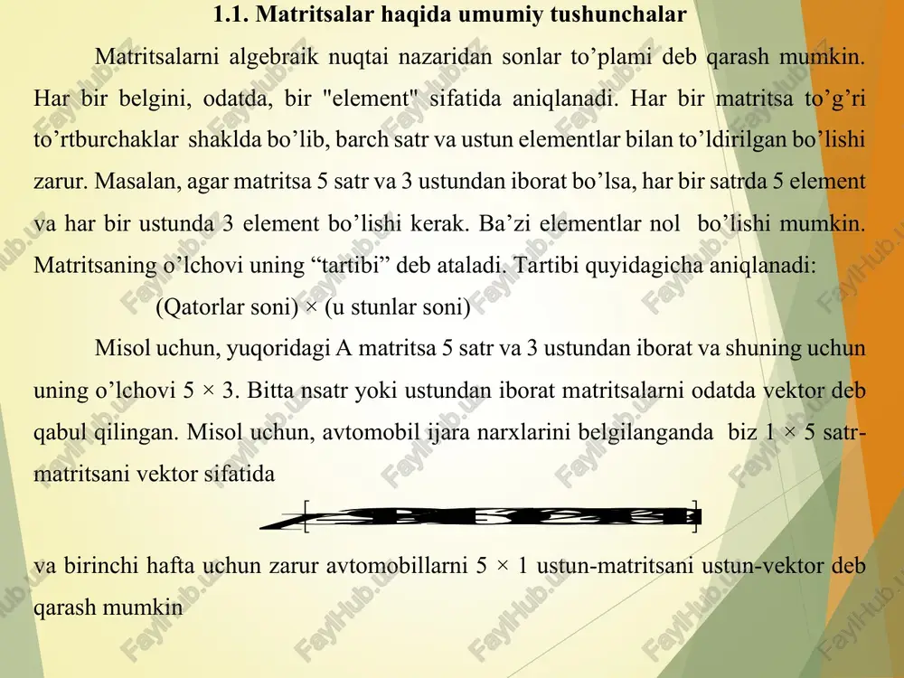 oxirgi 4 hafta davomida bu do’konlarda sotilgan mahsulot miqdori quyidagi m atritsa ko’rinishiba ifodalanib, bun da ustunlar haftalarni va satrlar mos ravishda q va r mahsulotlar miqdorini ifodalaydi. 54127 1012914 a     va 8934 818215 b     4 hafta davomida sotilgan mahsulot hajmni aniqlovch i m atritsa ni toping. yechish. a va b m atritsa lar yig’indisi har bir hafta uchun sotilgan mahsulot hajm ini aniqlaydi. masalan, 1 - haftada sotilgan mahsulot hajmini 5+8=13 bo’ladi. umumiy sotuv hajmi esa quyidagi m atritsa orqali aniqlanadi 541278934 1012914818215 58491237413131511 108121892114518303019 tab           t a’rif. bir x il n m  o’lchamli ) ( ij a a  va ) ( ij b b  matritsalar uchun ularning yig’indisi deb shunday n m  o’lchamli ) ( ij c c  matritsaga aytiladiki, istalgan n i , 1 …