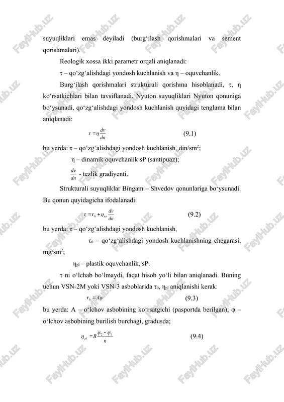 yerda: τ – qo‘zg‘alishdagi yondosh kuchlanish, τ0 – qo‘zg‘alishdagi yondosh kuchlanishning chegarasi, mg/sm2; ηpl – plastik oquvchanlik, sp. τ ni o‘lchab bo‘lmaydi, faqat hisob yo‘li bilan aniqlanadi. buning uchun vsn-2m yoki vsn-3 asboblarida τ0, ηpl aniqlanishi kerak: (9.3) bu yerda: a – o‘lchov asbobining ko‘rsatgichi (pasportda berilgan); φ – o‘lchov asbobining burilish burchagi, gradusda; (9.4) bu yerda: ηpl – plastik oquvchanlik, sp; v – o‘lchov asbobining ko‘rsatgichida o‘lchov asbobining burilish burchaklari (ikki xil tezlikda aylanish gradusda; n – asbobning aylanish tezligi, ayl/min. burg‘ilash qorishmalarining umumlashgan ta’rifini berish uchun samarali oquvchanlik ( ) qabul qilingan: (9.5) bu yerda: – samarali oquvchanlik, sp; v – o‘lchov asbobining ko‘rsatgichi φ2 – asbobning burilishi, gradusda; n – asbobning aylanish tezligi, ayl/min. suv asosli burg‘ilash eritmalari burg‘ilash jarayonida suv asosli burg‘ilash aralashmalari kengroq qo‘llaniladi. gilli eritmaning kalloid-suspenziya tizilmasi deganda, loylar, suvlar va burg‘ilangan jins zarrachalari tushiniladi. har xil moddalarning suv bilan aralashtirib quyidagi eritmalarni hosil …