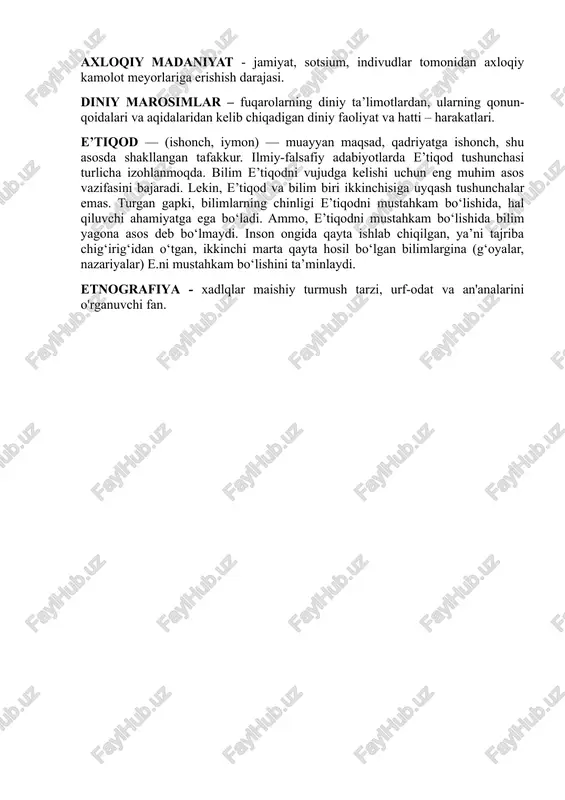 lozim bo‘lgan ilohiy talab. “avesto” («apastak» so'zidan olingan asos, o'zak degan ma'noni anglatadi) – mil. av. vii-vi asrlarda markaziy osio hududida , xorazm vohasida yaratilgan va “avesto”, ya’ni “hayot yo‘riqnomasi” deb nomlangan kitob; zardushtiylik dinini shakllantirishga asos bo‘lgan nazariy manbalarning umumiy nomi va bu dinning asosiy kitobi markaziy osio xalqlarining qadimgi davrlardagi moddiy va ma’naviy-axloqiy hayoti, diniy qarashlari, olam va odam to‘g‘risidagi tasavvurlari, urf-odat va qadriyatlari haqida ma’lumot beradi. unda xalq tabobati, odobi, estetikasi, sog‘lom turmush tarzi o‘z ifodasini topgan va har bir inson ezgu fikr, odil so‘z va halol mehnat bilan yashashi zarurligi ko‘rsatilgan. axloqiy madaniyat - jamiyat, sotsium, indivudlar tomonidan axloqiy kamolot meyorlariga erishish darajasi. diniy marosimlar – fuqarolarning diniy ta’limotlardan, ularning qonun-qoidalari va aqidalaridan kelib chiqadigan diniy faoliyat va hatti – harakatlari. e’tiqod — (ishonch, iymon) — muayyan maqsad, qadriyatga ishonch, shu asosda shakllangan tafakkur. ilmiy-falsafiy adabiyotlarda e’tiqod tushunchasi turlicha izohlanmoqda. bilim e’tiqodni vujudga kelishi uchun eng …
