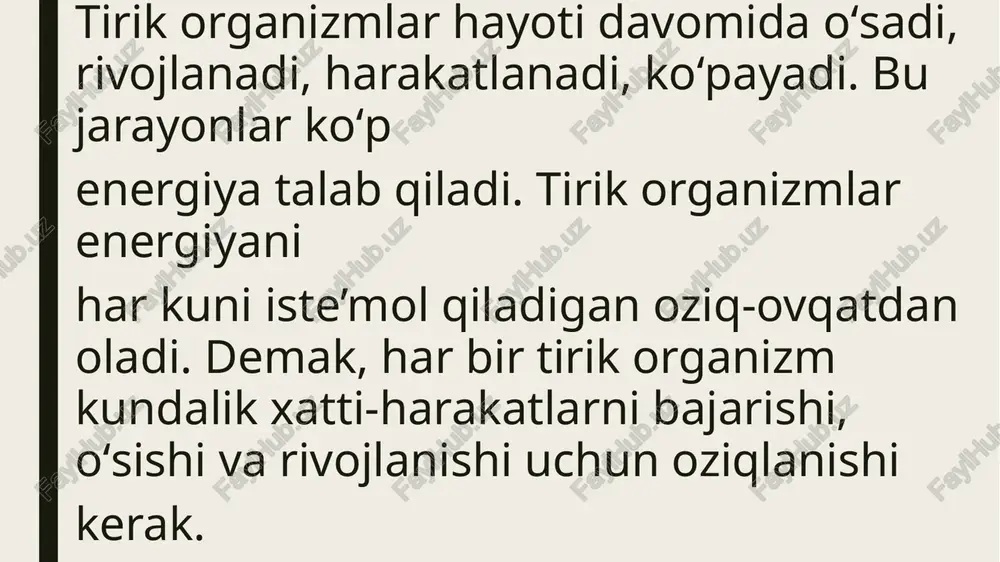 lar va bu hayvonlar kuchli va sog‘lom nasl beradi. yirtqish hayvonlar tabiatni kasal-nimjon hayvonlardan tozalaydi, kasallikning tarqalishiga yo‘l qo‘ymaydi. shuning uchun bu hayvonlar “tabiat sanitarlari” deb ataladi. sirtlon, shoqol, tasqara kabi ayrim yirtqich hayvonlar o‘zi ovqilmaydi, ular boshqa yirtqichlardan qolgan o‘lja qoldiqlarini iste’mol qiladilar. tabiatda nobud bo‘lgan o‘simlik, hayvon qoldiqlari bilan oziqlanuvchi hayvonlar ham bor. ular o‘lgan organizmlar bilan oziqlanib, tabiatni qoldiqlardan tozalaysh vazifasini bajaradi. barcha zamburug‘lar geterotrof organizmlardir. zamburug‘lar organizmlarning qoldig‘i bilan oziqlanadi. ayrim zamburug‘lar odam, hayvon, oʻsimlik tanasida parazit hayot kechiradi. mavzu yuzasidan topshiriq tirik organizmlarni oziqlanish tiplariga ko‘ra sistemaga solish . ótgan mavzuni óqib kelish. etiboriz uchun rahmat image1.jpeg image2.jpeg image3.jpeg image4.jpeg image5.jpeg image6.jpeg image7.jpeg /docprops/thumbnail.jpeg
