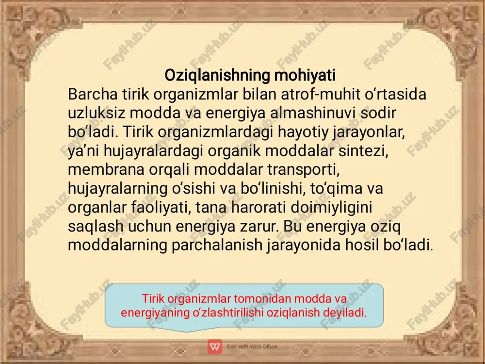 ‘ladi: hazm fermentlarining tashqi muhitga ajralishi, oziqning fermentlar ta’sirida parchalanishi, parchalanish mahsulotlarining organizm tomonidan qabul qilinishi. saprofit organizmlarga zamburug‘lar, ayrim bakteriyalar misol bo‘ladi. • parazitlar xo‘jayin organizmidagi tayyor oziq moddalar hisobiga yashaydi. parazit hayot kechirish ayrim bakteriyalar (ko‘kyo‘tal, vabo, o‘lat, qoqshol kabi kasallik qo‘zg‘atuvchilar), zamburug‘lar (vertisillium, qorakuya, zang zamburug‘lari), o‘simliklar (raffleziya, devpechak, zarpechak, shumg‘iya), hayvonlar (leyshmaniya, bezgak paraziti, tripanosoma, askarida, jigar qurti)ga xos. qaysi usulda oziqlanishdan qat’iy nazar organizmlarning normal hayot faoliyati uchun organik modda (oqsil, yog‘, uglevod va vitamin)lar, suv va minerallar zarur. shuning uchun barcha tirik organizmlar oziq moddalarga ehtiyoj sezadi. oziq tarkibidagi organik moddalar, ya’ni oqsil, yog‘, uglevod, vitaminlar, suv hamda minerallar ma’lum ahamiyatga ega. o‘simliklar yashash uchun tashqi muhitdan zarur moddalar va energiyani o‘zlashtiradi. bu moddalar o‘simlik hujayralarida o‘zgarishga uchraydi va o‘simlik tanasi qurilishida ishtirok etuvchi moddalarga aylanadi. o‘simlik organizmini qurilishiga sarflanadigan moddalarni hosil qilish uchun energiya zarur. masalan, hujayrada kechadigan barcha biokimyoviy jarayonlar suvli muhitda …