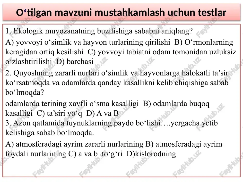 ini yaratilishi, hayvonlarning yangi (go‘shtdor, sersut va hokazo) zotlarini olinishi, oziq-ovqat mahsulotlarining ko‘paytirilishi misol bo‘ladi. salbiy ta’sirga yovvoyi hayvonlarni ko'plab ovlash natijasida ularning qirilib ketishi, o'rmondagi daraxtlarning keragidan ortiq kesilishi, atmosfera havosining chiqindilar bilan ifloslanishi, cho‘llarning o‘zlashtirilishi natijasida daryo va dengizlarning qurib qolishi kiradi. insonning tabiatga ijobiy ta’siri insonning tabiatga salbiy ta’siri dastlabki ovchilar tomonidan xx asrgacha yer yuzidan yo‘qolgan hayvonlar: 1 – stellerov sigiri; 2 – qalin junli karkidon; 3 – xaltali bo‘ri; 4 – sayyor kaptar; 5 – tur; 6 – dront; 7 – gigant dinornis. ekologik muammolar. odamning tabiatga salbiy ta’siri ortgani sari turli ekologik muammolar kelib chiqadi. masalan, odam tomonidan cho‘llarning o‘zlashtirilishi, tuproqning sho‘ rini yuvish va cho‘l zonalarida o‘stiriladigan o‘simlik, masalan, g‘o‘zani sug‘orish natijasida orol dengizi quriy boshladi. transport vositalarining ko‘payishi, yonilg‘idan ko‘p miqdorda foydalanish atmosferadagi karbonat angidrid miqdorini oshirib, havo haroratining ko‘tarilishiga, bu esa o‘z navbatida muzliklarning erib, ayrim joylarda suv toshqini bo‘lishiga olib …
