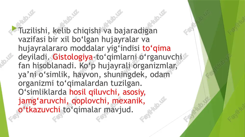 larda yaxshi rivojlangan. cho‘llarda o‘suvchi ayrim o‘simliklar poyasi va bargida, (masalan kaktuslar tanasida) suv to‘plovchi parenxima hujayralari mavjud. suvda va botqoqliklarda o‘sadigan o‘simliklarda aerinxima to‘qimasi rivojlangan bo‘lib, bu to‘qima hujayralari orasida havo qoplovchi to‘qima. qoplovchi to‘qimalar o‘simlikning barcha organlarini tashqi tomondan qoplab turadi va o‘simlik organlarini himoya qilish funksiyasini bajaradi. bu to‘qima 3 ga bo‘linadi: epiderma, periderma va po‘stloq. epiderma barg va yosh novdalarni qoplab turadi. bu to‘qima bir qavat zich joylashgan, shaffof hujayralardan tashkil topgan. epiderma to‘qimasi tashqi tomondan mumdan iborat kutikula bilan qoplanadi, bu suv bug‘lanishini kamayturuvchi moslanishdir. barg va yashil poyalar epidermasida og‘izchalar bo‘lib, ular gaz almashinuvi va suv bug‘latishda ishtirok etadi. ko‘p yillik o‘simliklarning poya va ildizlarida epiderma ikkilamchi qoplovchi to‘qima – periderma bilan almashinadi. periderma po‘kak va boshqa hujayralaridan tarkib topgan. po‘kak zich joylashgan o‘lik hujayralardan iborat bo‘lib, hujayra qobig‘iga yog‘simon moddalar (suberin) shimilgan. shuning uchun po‘kak o‘zidan suv va gazlarni o‘tkazmaydi. bu xususiyati tufayli …