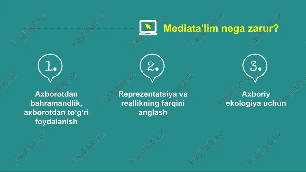 si — reprezentatsiya ("reprezentatsiya" lotincha "repraesentatio" so‘zidan olingan bo‘lib, namoyish etmoq ma’nosini bildiradi. falsafa, psixologiya, sotsiologiyada qo‘llaniluvchi bu atama oav sohasida olamni obraz yordamida ko‘rsatish demakdir. reallik va reprezentasiyaning mosligi yoki qarama qarshiligi haqida ko‘p bora so‘z boradi. mediata’lim esa aynan shu jarayonni tushuntiradi). media reallikni inkor etmaydi, balki uni harf va belgilar yordamida ifodalaydi. mazkur prinsipsiz mediata’lim mavjud bo‘la olmaydi. mil mig? mas yunesko tomonidan ishlab chiqilgan o‘quv dasturi va tizimining media va axboriy savodxonligi kompetentsiyasi ikkita qismdan iborat: media savodxonlik va axboriy savodxonlik. ularni birlashtirsak, “media va axboriy savodxonlik” (mas) paydo bo‘ladi foydalanish imkoniyati tahlil baho refleksiya harakat media-iste’mol media-savodxonlik axborot mafkurasini aniqlang 01 axborot kontekstini tahlil qiling 02 axborot kimlarga qaratilganini aniqlang 04 axborotni ulashishdan oldin mas’uliyatni zimmangizga olayotganingizni unutmang 06 axborot tarqatayotgan kim degan savolga javob bering 03 boshqalar bu axborotga qanday munosabat bildirayotganiga e’tibor qarating 05 axborotlar bilan ishlashda tavsiyalar e’tiboringiz uchun tashakkur! media-madaniyat “mediasavodxonlik” …