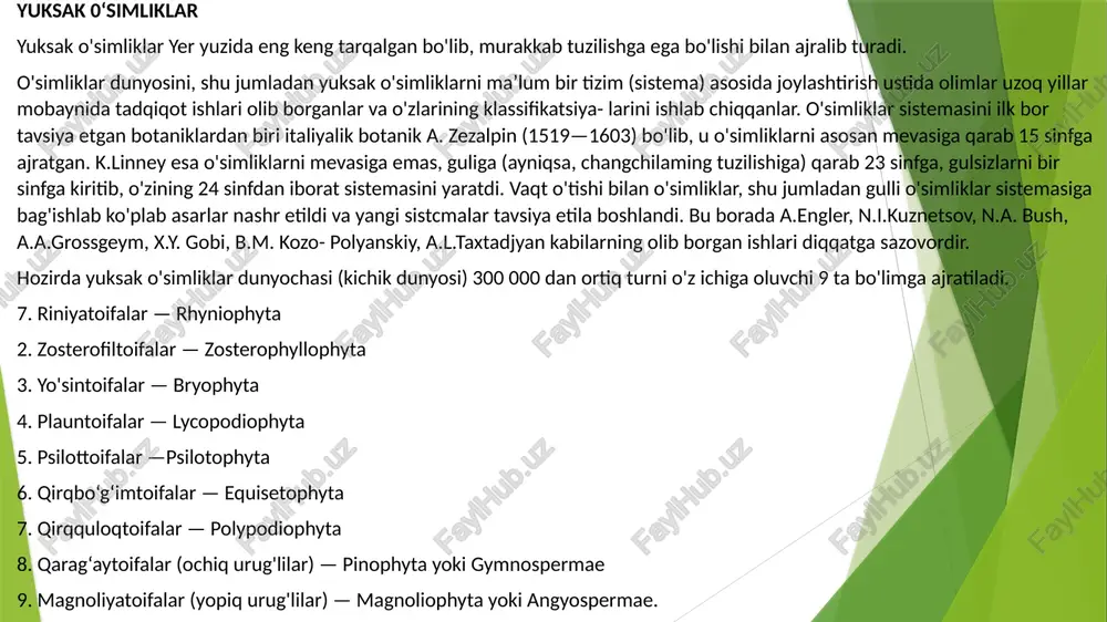 o’simliklar deb ataladi. bu o’simliklarda urug’ bo’lishi bilan arxegonial yuksak o’simliklardan, ya’ni moxlar, riniofit, plaun, qiriqbo’g’im va paparotniklardan tubdan farq qiladi. hozirgi zamon yuksak urug’ yetishtiruvchi o’simliklar asosan yuqorida aytilgan sporali yoki arxegoniylardan kelib chiqqan. urug’li o’simliklar ikki bo’limga: ochiq urug’lilar (gymnospermae)va yopiq urug’lilar (angiospermae) ga bo’linadi. 2. ochiq urug’lilar qadimiy o’simliklar bo’lib, ularning qadimiy avlodlari toshko’mir davrining oxirlarida yashaganlar. jumladan urug’li paporotniklar, bennettitlar, keytonlilar yo’qolib ketib, qazilma holda saqlanib qolganlar. ginkoviylar, velvichiyalarni bittadan turi saqlanib qolgan. hozirgi vaqtda qarag’aylar, sagovniklar, gnetoviylar keng tarqalgandir. ochiq urug’lilar tipi. er yuzida ochiq urug’lilarning hozir 660 turi mavjud bo’lib, asosan daraxt, qisman buta va liana turlari uchraydi. shoxlanishi monopodial bo’lib, poyasi kambiy va fellogen to’qimalarining faoliyati natijasida o’ziga xos tuzilishga ega. ikkilamchi yugonlashish xususiyati bilan yopiq urug’li o’simliklarga yaqin tursada gistologi elementlaridan-tarxeyalardan tuzilganligi va o’tkazuvchi bog’lamlar yo’qligi bilan ulardan farq qiladi. bargining tuzilishiga qarab ikki guruhga bo’linadi. 1. gr megofil linyasi bo’yicha poporotniklarga …
