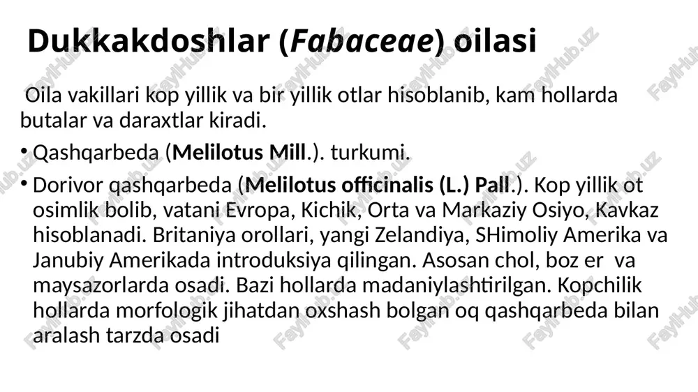 chi boyicha yuqori orinlarda turadi. ushbu osimlikdan olingan asal rangi och sargish yoki oq rangda, vanil hidini eslatuvchi xushbuy hidli hisoblanadi. uning tarkibida 39.59 % fruktoza va 36.78 % glyukoza mavjud. bir gektar maydonda osgan dorivor qashqarbeda osimligidan 550-600 kg.gacha asal olinadi. dorivor qashqarbeda osimligi kopchilik oziqa vositalari va tovuq goshtlariga xushbuy xid beruvchi ziravor (aromatizator) hisoblanib, uni ayrim markaga (selsiy, ukraina) ega bolgan sharoblarga qoshishga ham ishlatiladi. uning tarkibida 0.4-0.9% kumarin, kumarin kislotasi, dikumarol, melilotin, efir moyi mavjud. yurak tomirlari trombozi va stenokardiya tomir tortishi kasalliklarida foydalaniladi. revmatizm va yiringli yaralarni engillashtiruvchi vositalar qatoriga kiradi. bemorlarda leykotsitlar miqdorini oshirishda katta yordam beradi. chilonjiydadoshlar (rhamnaceae) oilasi. oilaga aksariyat daraxt va butalar kiradi. dorivor osimlik sifatidagi turlariga ich yumshatuvchi togjumrut (rhamnus cathartica l.) hisoblanadi. togjumrut (rhamnus l.) turkumi. ich yumshatuvchi togjumrut (rhamnus cathartica l.). mazkur osimlik 3 metr balandlikdagi buta hisoblanabi, kop tarmoqlanadigan shoxlanish tipiga ega. osimlikning yangi novdalari yaltiroq kulrangda …