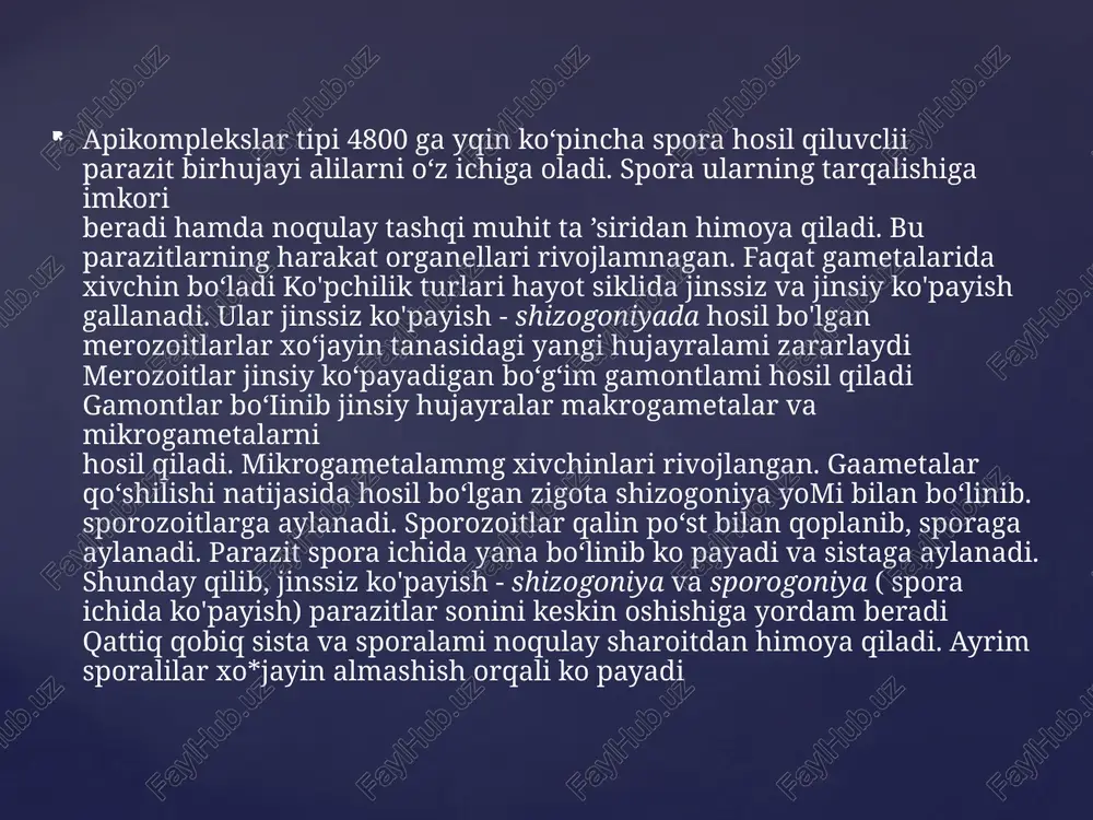 r - gregarina tur.gregarina - gregarina blattarum sporalilar turli hayvonlar va odam organizmida parazitlik qiluvchi bir hujayrali organizmlardir. parazit hayot kechirish ta’sirida ularning tana tuzilishi ham birmuncha soddalashadi. ularning harakatlanish organoidlari, qisqaruvchi va ovqat hazm qilish vakuollari rivojlanmagan. lekin hayot sikli ancha murakkab bo‘lib, jinssiz, jinsiy va sporogoniya s4 jifnyonlari almashib turadi, jinssiz ko'payishi hujayraning ko‘p marta ini'iiiiisiii (shizogoniya)6an iborat. jinsiy ko‘payish ko'pchilik sporalilarda ikki xil tipdagi gametalar (mtiof’tmielalar)ning kopulyatsiyasidan iborat. faqat gregarinalar bir xi) gametalar (izogametalar) hosil qiladi. zigotasi odatda qalin po'st iniwi o'ralgan bo'lib, oosista deyiladi. ootsista ichida sporogoniya ||mtjn»i(la sporozoitlar hosil boiadi. bir qancha sporalilarda sporozoitlar fa ll qattiq qobiq hosil qiladi. sporozoitlar hosil bo‘lishi bilan parazitning flvo|lni)ish sikli tugallanadi. sporalilar zigotasining dastlabki bo‘linishi ttteyn/. yo‘li bilan boradi. bu jihatdan ular foraminiferalar va barcha •ivcliinlilar singari zigota davrida reduksiyaga uchragan gaploid moinosomali organizmlar hisoblanadi. bu sinfga 4000 dan ortiq parazit imilm kiradi. gregarinalarning umurtqasiz heyvonlarda parazitlik qiladigan …