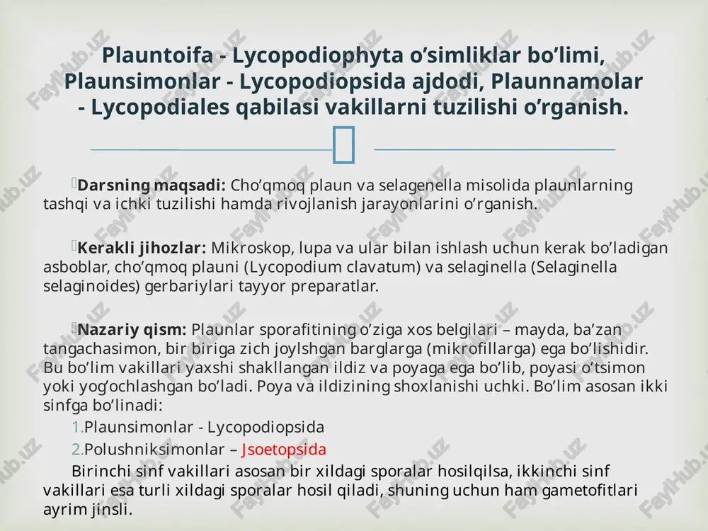 ib o’suvchi va undan vertikal shoxlangan novdalarga ega o’simlik bo’lib, ignabargli o’rmon zonasida keng tarqalgan. 2. poyasi yumaloq ketma ket joylashgan. 3. barg plastinkasi cho’zinchoq bo’lib, uzun ingichka tla bilan tugallangan. 4. spora saqlovchi boshoqchalar uzun oyoqchada 2 dan, ba’zan 3-5 dan joylashgan. 5. sporafillar shakli va tuzilishi jihatidan vegetativ barglardanfarqlanadi. u tangachasimon uchburchak shaklda bo’lib, uchi bir oz tepaga qaragan o’tkir uchli. 6. sporalarining hammasi bir xilda mayda bo’ladi. b) xuddi shu tartibda har xil sporali plaunlarning ma’lum bir tur vakilini o’rganamiz. c) ikki sinf vakillaridagi asosiy farqlar va o’xshashliklar nimalarda ekanligini aniqlang, ularni taraqqiyot siklida ko’rsating.  2-rasm cho’qmoq plauni - lycopodium clavatum  3-rasm selaginella – selaginella selaginoides  4-rasm selaginella – selaginella selaginoides  darsning maqsadi: dala qirqbo’g’imi misolida qirqbo’g’imlarning tashqi va ichki tuzilishi hamda rivojlanish jarayonlarini o’rganish. kerakli jihozlar: mikroskop, lupa va ular bilan ishlash uchun kerak bo’ladigan asboblar, dala qirqbo’g’imi (equisetim arvens) yoki o’tloq …
