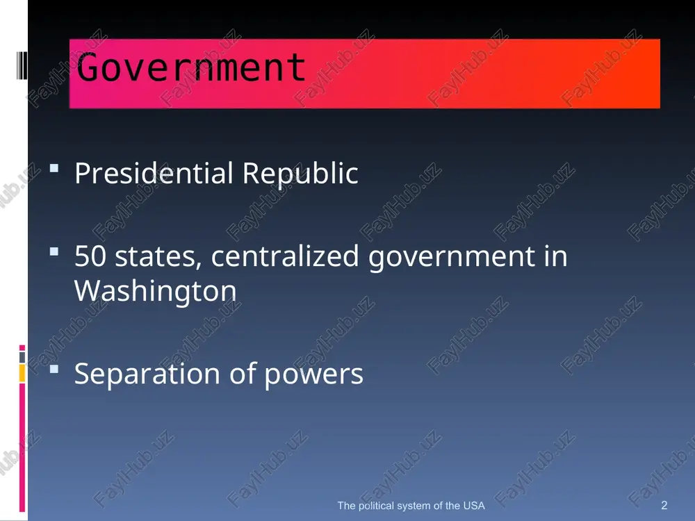 he usa * the political system of the usa political parties the political system of the usa * republican party they believe in low taxation and little interference from the federal government. the encourage individuals to work hard and do not like welfare. a party for the rich and middle class. the political system of the usa republican presidents the political system of the usa * dwight eisenhower 1953-61 richard nixon 1969-74 gerard ford 1974-77 the political system of the usa political parties the political system of the usa * democratic party believe it is the governments duty to distribute wealth evenly. they introduce higher taxation and welfare benefits. their support comes from urban areas and minorities. the political system of the usa democrat presidents the political system of the usa * john f kennedy 1961-63 lyndon b johnson 1963-68 jimmy carter 1977-81 harry truman1945-53 the political system of the …