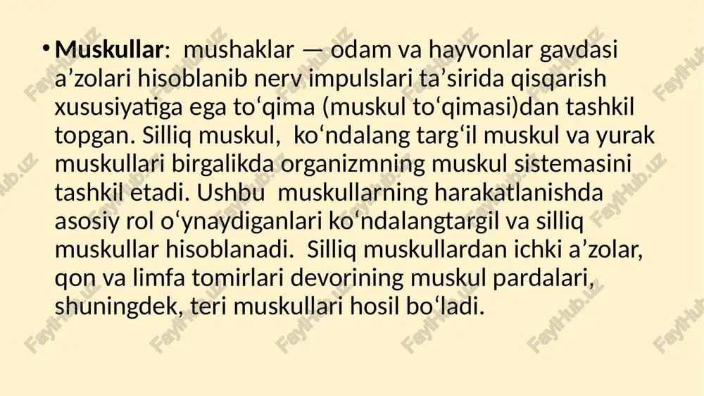 ovial qin va xaltalar kiradi. muskulda qon tomirlar koʻp, ular qon bilan moʻl taʼminlangan, limfa tomirlari yaxshi rivojlangan. har bir muskulda harakatlantiruvchi va sezuvchi nerv tolalari bor, ular yordamida markaziy nerv sistemasi bilan aloqa qiladi. bir harakatni bajaradigan muskullar sinergistlar, qarama-qarshi harakatlarni bajaradiganlari antagonistlar deyila. muskullar topografik jihatdan tana, bosh, boʻyin, koʻl va oyoq muskullariga ajratiladi. tana muskullari orqa, koʻkrak va qorin muskulidan iborat. orqa muskul yuza va chuqur boʻladi. ular kurakni koʻtaradi, uni yaqinlashtiradi va yopishtiradi, boʻyinni yozadi, yelka va qoʻlni orqaga va ichkariga tortadi, nafas olish va chiqarishda qatnashadi. orqaning chuqur muskuli umurtqa pogʻonasini tiklaydi. koʻkrak muskuli xususiy tashqi va ichki qovurgʻalararo muskul, yelka kamari va qoʻl bilan bogʻlangan katta va kichik koʻkrak muskuli , oʻmrov usti va oldingi tishsimon muskullarga boʻlinadi. tashqari qovurgʻalar-aro muskul qovurgʻalarni koʻtaradi, ichki muskullar esa nafas olish va chiqarishda ishtirok etadi. qorin muskuli tashki va ichki qiyshiq muskulga, qorinning koʻndalang va toʻgʻri muskuli, …