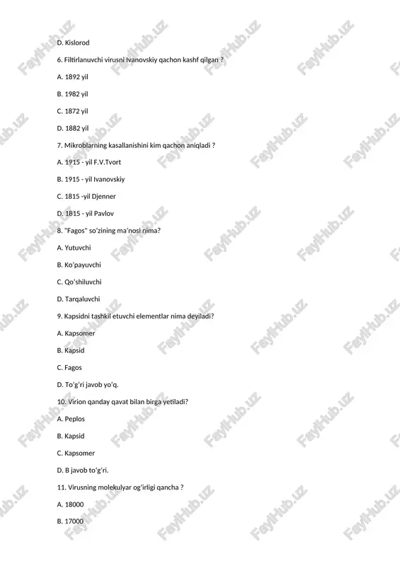 shiga asoslangan tadqiqot usuli nima ? a. immunoflyuorensiya usuli b. differensial usuli c. negativ kontraslash usuli d. toʻgʻri javob yoʻq 18.choʻkish tezligiga koʻra kattali dagi boʻlaklarni ajratish usuli nima? a. differensial sentrifugalash b. negativ kontraslash usuli c. toʻgʻri javob yoʻq 19. virus turining maʼlum sezuvchan hujayralarda koʻpaya olishi, keyinchalik shu toʻqimada patalogik jarayonlarning rivojlanishi nima ? a. toʻqimali tropism b. toʻqimali virus c. kapsid 20. virionlarning yuza tuzilishini va ichki tuzilishini oʻrganishga imkon beruvchi usul ? a. negativ kontraslash usuli b. differensial sentrifugalash c. immunoflyuorensiya usuli d. toʻgʻri javob yoʻq 21. toʻgʻri, bukilmaydigan, moʻrt,silindr shaklidagi virus qaysi ? a. tayoqchasimon virus b. ipsimon virus c. sharsimon virus d. hamma javob toʻgʻri 22. viruslarning qobigʻi nima deyiladi ? a. kapsid b. murein c. xitin d. tallom 23. viruslarda oqsil va nuklein kislotadan iborat tuzilma nima deyiladi ? a. nukleokapsid b. murein c. tropism d. hamma javob toʻgʻri 24. oqsil bilan birikkan …