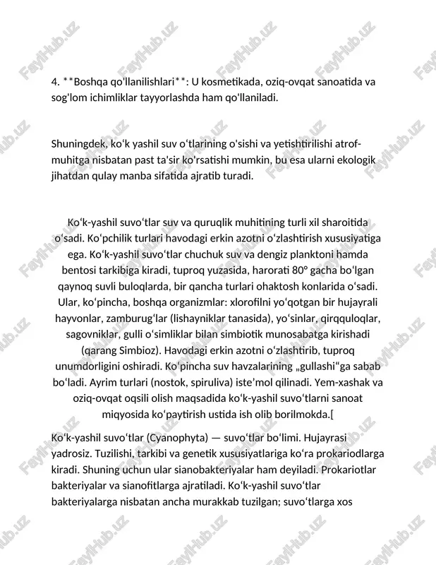 voʻtlarni sanoat miqyosida koʻpaytirish ustida ish olib borilmokda.[ koʻk-yashil suvoʻtlar (cyanophyta) — suvoʻtlar boʻlimi. hujayrasi yadrosiz. tuzilishi, tarkibi va genetik xususiyatlariga koʻra prokariodlarga kiradi. shuning uchun ular sianobakteriyalar ham deyiladi. prokariotlar bakteriyalar va sianofitlarga ajratiladi. koʻk-yashil suvoʻtlar bakteriyalarga nisbatan ancha murakkab tuzilgan; suvoʻtlarga xos pigmentlari boʻladi. filogenetik jihatdan eng qadimgi sodda tuzilgan oʻsimlik hisoblanadi. koʻk-yashil suvoʻtlar hujayralari fotosintez qiluvchi organoidlar boʻlib, ularda karotinoidlar va qizil suvoʻtlardagi singari maxsus pigment — fikobiliproteidlar boʻladi. rangi koʻk-yashil va qizgʻish, bir hujayrali va koʻp qujayrali ipsimon mikroskopik organizmlar; koʻpincha, uzunligi 20 sm boʻladi. sporalar, akinetalar va iplarning boʻlaqlari orqali koʻpayadi. 3 ta sinfi (hamesifonsimon suvoʻtlar, gormogonsimon suvoʻtlar) mavjud. yer yuzida keng tarqalgan. 2000 dan ortiqturi maʼlum. oʻrta osiyo suv havzalarida ossillatoriya, formidium, lingbiya turkumlariga mansub turlar uchraydi. nostoklar sinfi ( nostocales) mazkur qabilaga kiruvchilar koloniya holatda hayot kechiradi ,shoxlanmagan. baʼzi vakillari soxta shoxlangan boʻladi.ipli va gormogoniya shakllarda boladi. bu oila bir qancha vakillarni oz …