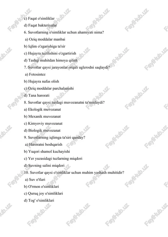b) co2 c) n2 d) o2 14. suvotlarda kimyoviy reaksiya qanday yuzaga keladi? a) biologik jarayonlar orqali b) faqat fizik jarayonlar orqali c) quruq havoda d) tuzlar mavjud bo'lganda 15. suvotlarning biohazardni kamaytirishdagi roli qanday? a) zararli moddalarni filtratsiya qilish b) yuqori tozalash c) xavfli organizmlarni tarqatish d) sanoat chiqindilarini saqlash 16. suvotlarning ichki strukturasida qaysi elementlar mavjud? a) oziq moddalar b) metallarning tuzilishi c) quruq materiallar d) yassi tuzlar 17. suvotlarning iqlim o'zgarishidagi roli qaysi? a) karbonni saqlash b) haroratni ko'tarish c) namlikni kamaytirish d) ozon qatlamini yo'qotish 18. suvotlarda suzuvchi organizmlar qaysi faoliyatni bajaradi? a) fotosintez b) quruqlikda yashash c) havoda uchish d) tuzli muhitda yashash 19. suvotlar qanday ekotizimlarni qo'llab-quvvatlaydi? a) biodiversitetni b) faqat bir xil turlikni c) faoliyatning pasayishini d) asosiy oziq-ovqat manbalarini yo'qotish 20. suvotlarning turli xil iqlim sharoitlaridagi roli qanday? a) iqlimni muvozanatlash b) quruqlikdagi iqlimni kuchaytirish c) haroratni pasaytirish d) havo sifatini yomonlashtirish …