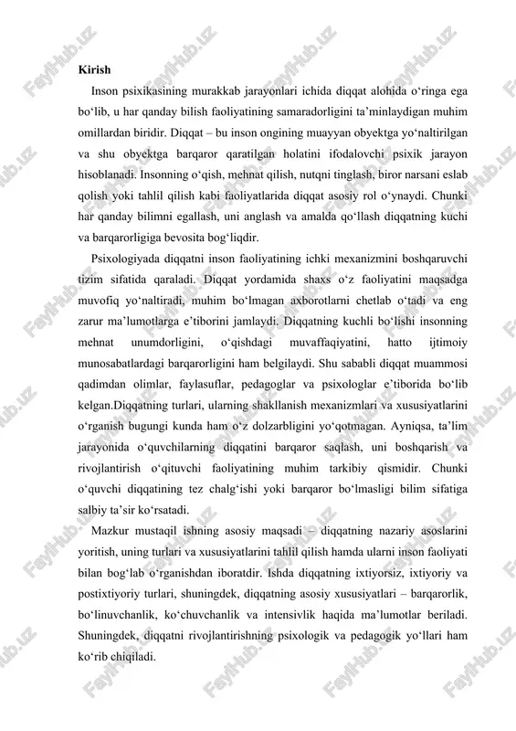 ri – barqarorlik, bo‘linuvchanlik, ko‘chuvchanlik va intensivlik haqida ma’lumotlar beriladi. shuningdek, diqqatni rivojlantirishning psixologik va pedagogik yo‘llari ham ko‘rib chiqiladi. diqqat tushunchasi va psixologik mohiyati inson psixik faoliyati murakkab va ko‘p qirrali jarayondir. shu jarayonlar ichida diqqat alohida o‘rin egallaydi. diqqat – bu ongning muayyan obyektga yo‘naltirilgan va shu obyektga barqaror tarzda qaratilgan holatidir. u inson faoliyatining barcha turlarida — o‘qish, mehnat, nutq, idrok, xotira, tafakkur, hatto his-tuyg‘ular jarayonida ham muhim o‘rin tutadi. diqqatni ongning "yorug‘ nuqtasi" deb ta’riflash mumkin, chunki diqqat aynan shu “yorug‘lik” orqali inson idrok etayotgan narsa yoki hodisani to‘liq anglay oladi. psixologiya fanida diqqat mustaqil psixik jarayon sifatida emas, balki boshqa jarayonlarning kechishini boshqaruvchi mexanizm sifatida qaraladi. ya’ni diqqat xotira, idrok, tafakkur kabi jarayonlarga yo‘nalish beradi, ularni faol va maqsadga muvofiq qiladi. diqqatning mavjudligi sababli inson atrofdagi millionlab axborotlar orasidan aynan zarurini tanlaydi va unga e’tiborini jamlaydi. rus olimi a. n. leontev diqqatni “faoliyatning ichki tartibga …